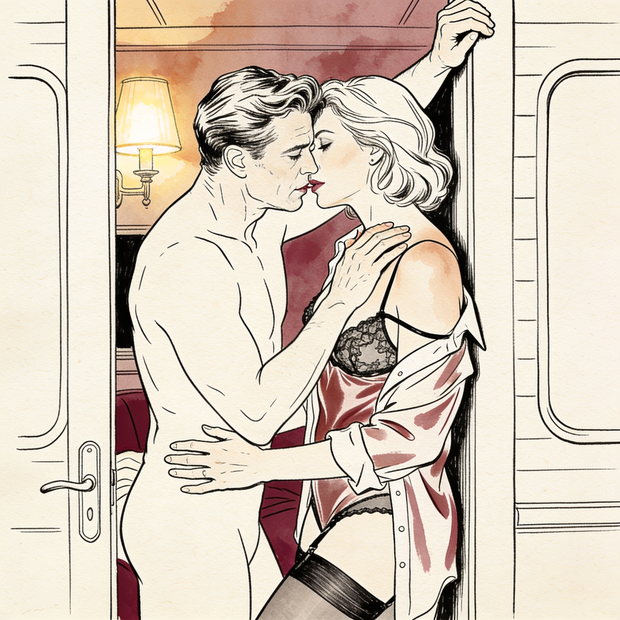 Two silhouettes in a cabin doorway, foreheads touching, an intimate charged pause.