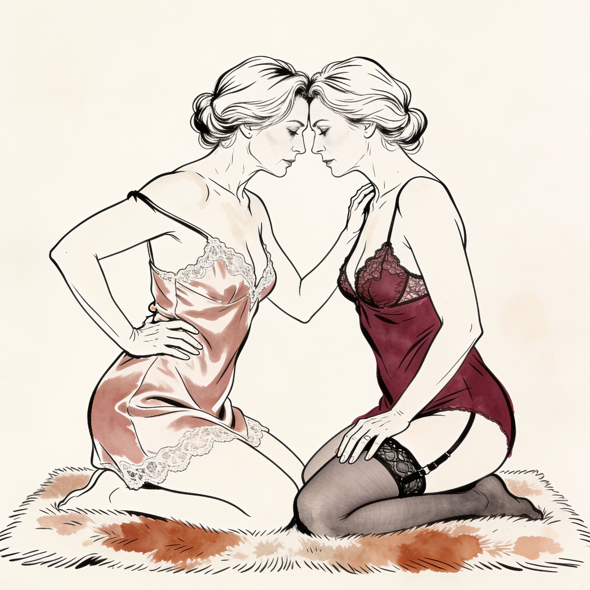 Two women in intimate lingerie, foreheads touching, with a hand on a bare thigh.