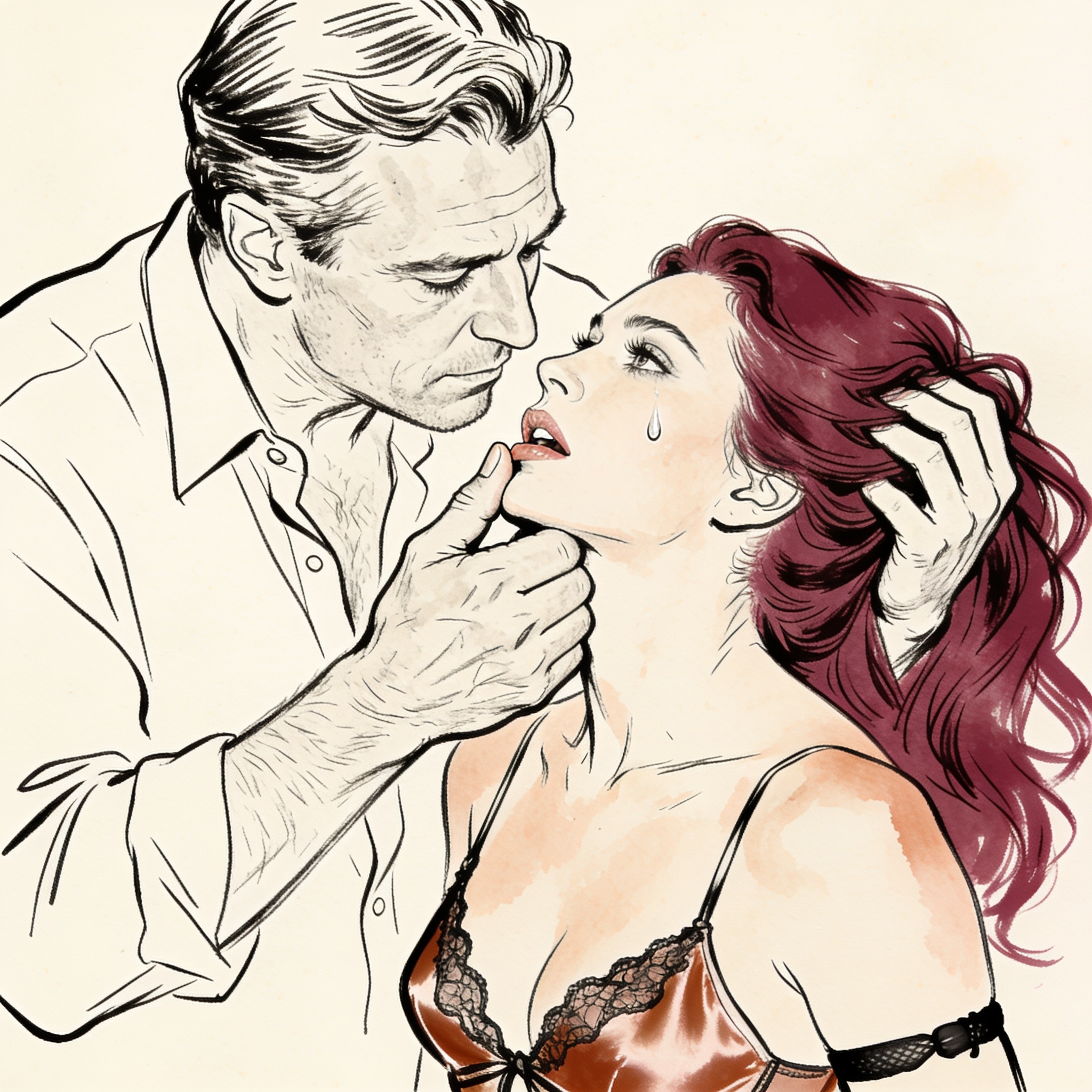 A man forces a crying woman's face up, his thumb on her lips in a dim room.