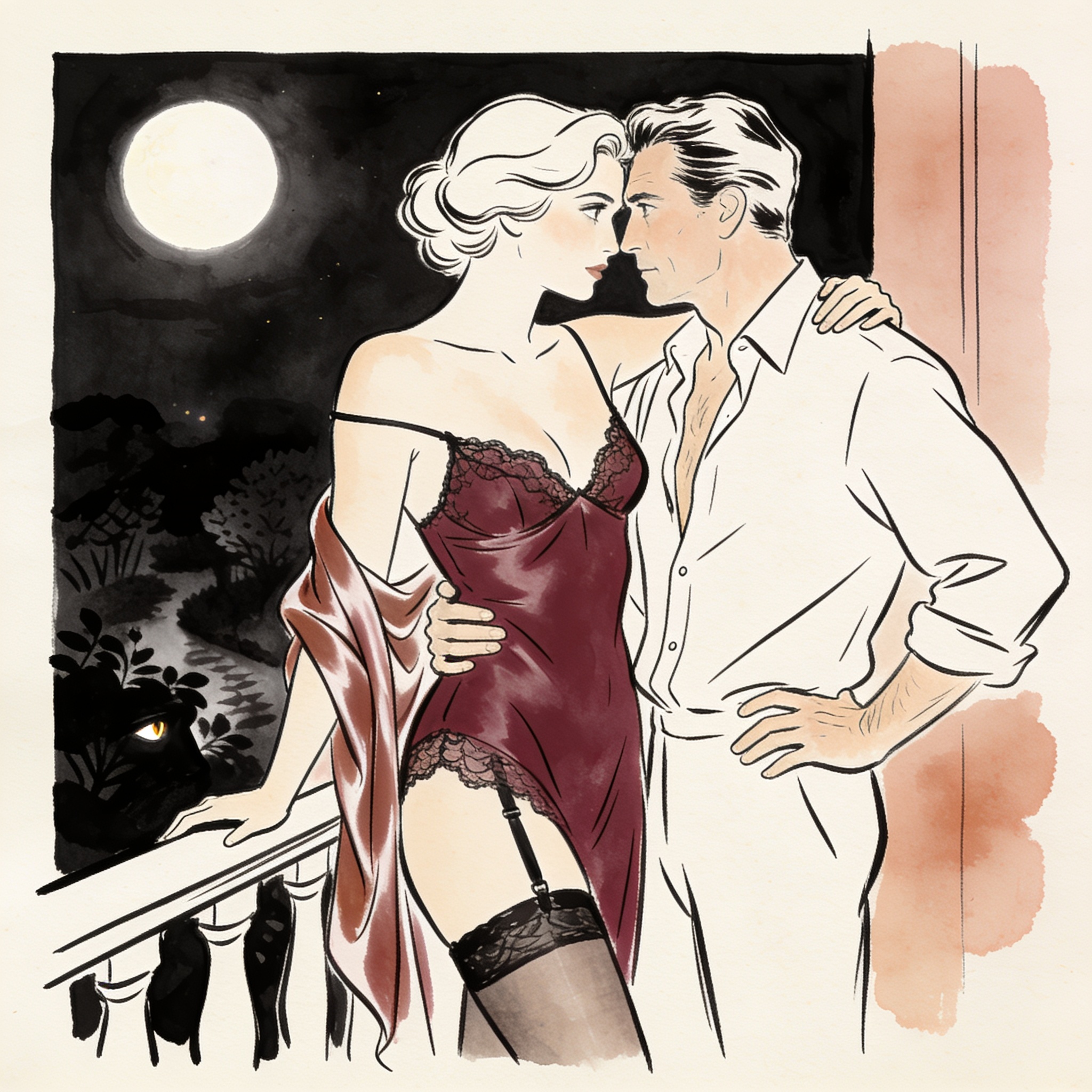 Woman on balcony, silk slip slipping off shoulder, exchanging a charged gaze with a man...