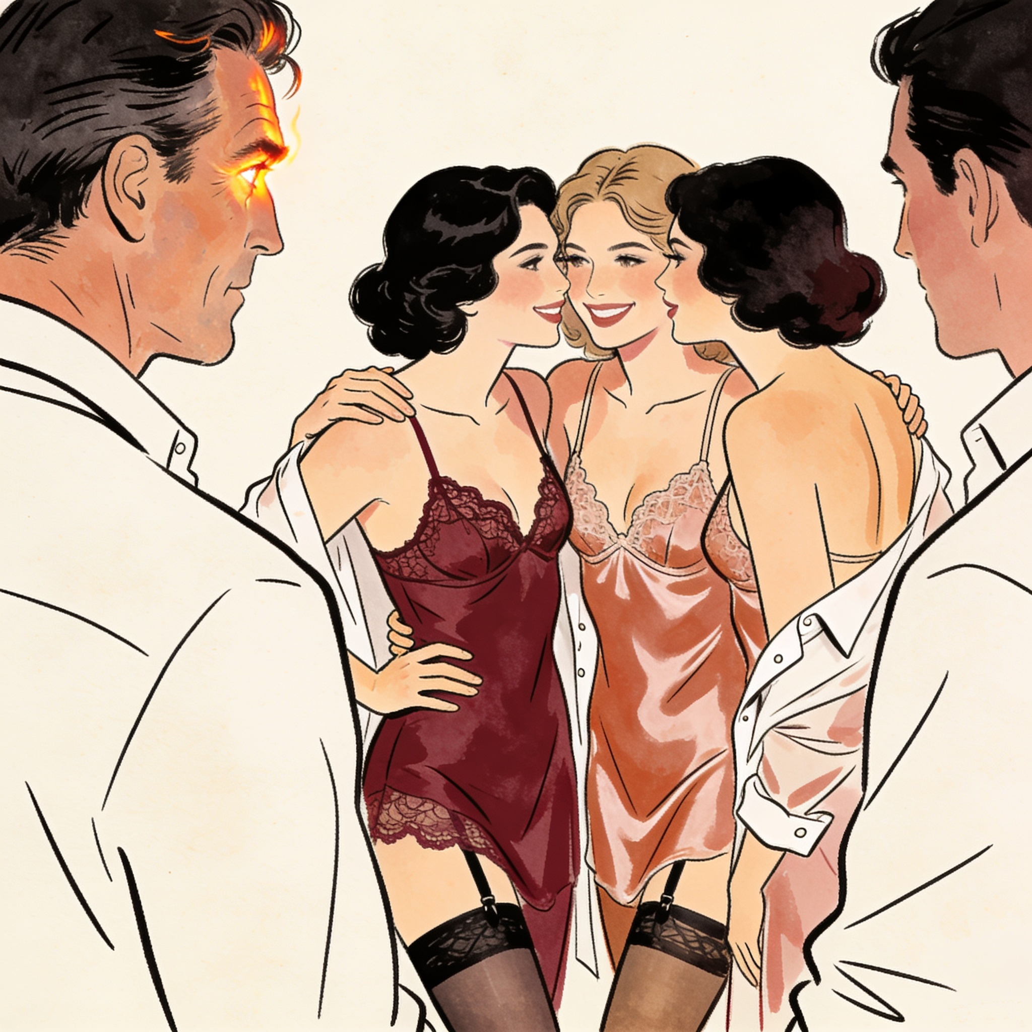 Three women in lingerie whisper to a group of men as a man watches from across the room.