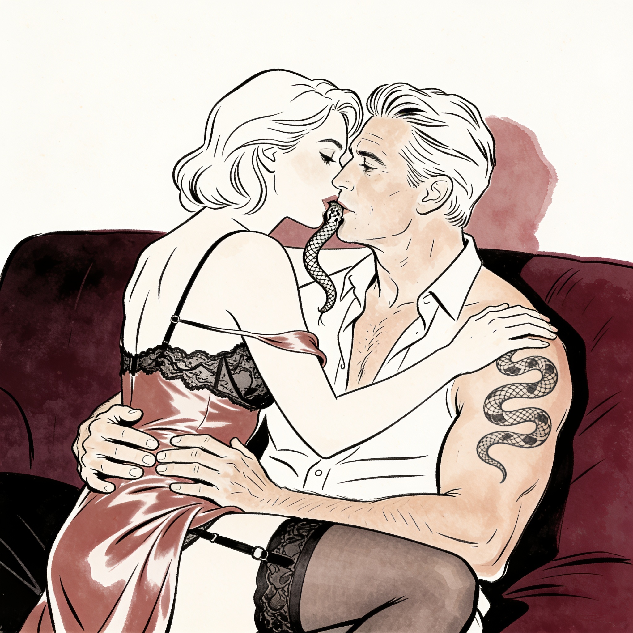 Couple in intimate moment on a couch, her lips near his tattoo, tension palpable.
