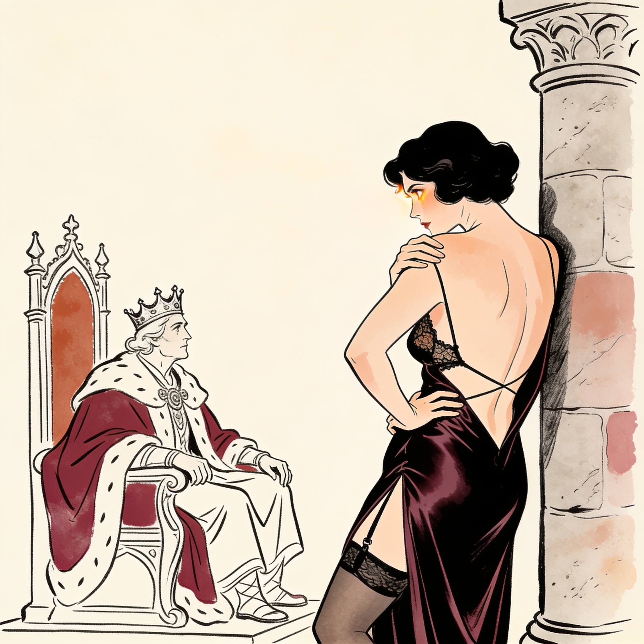 A woman in a backless gown watches a king from the shadows.