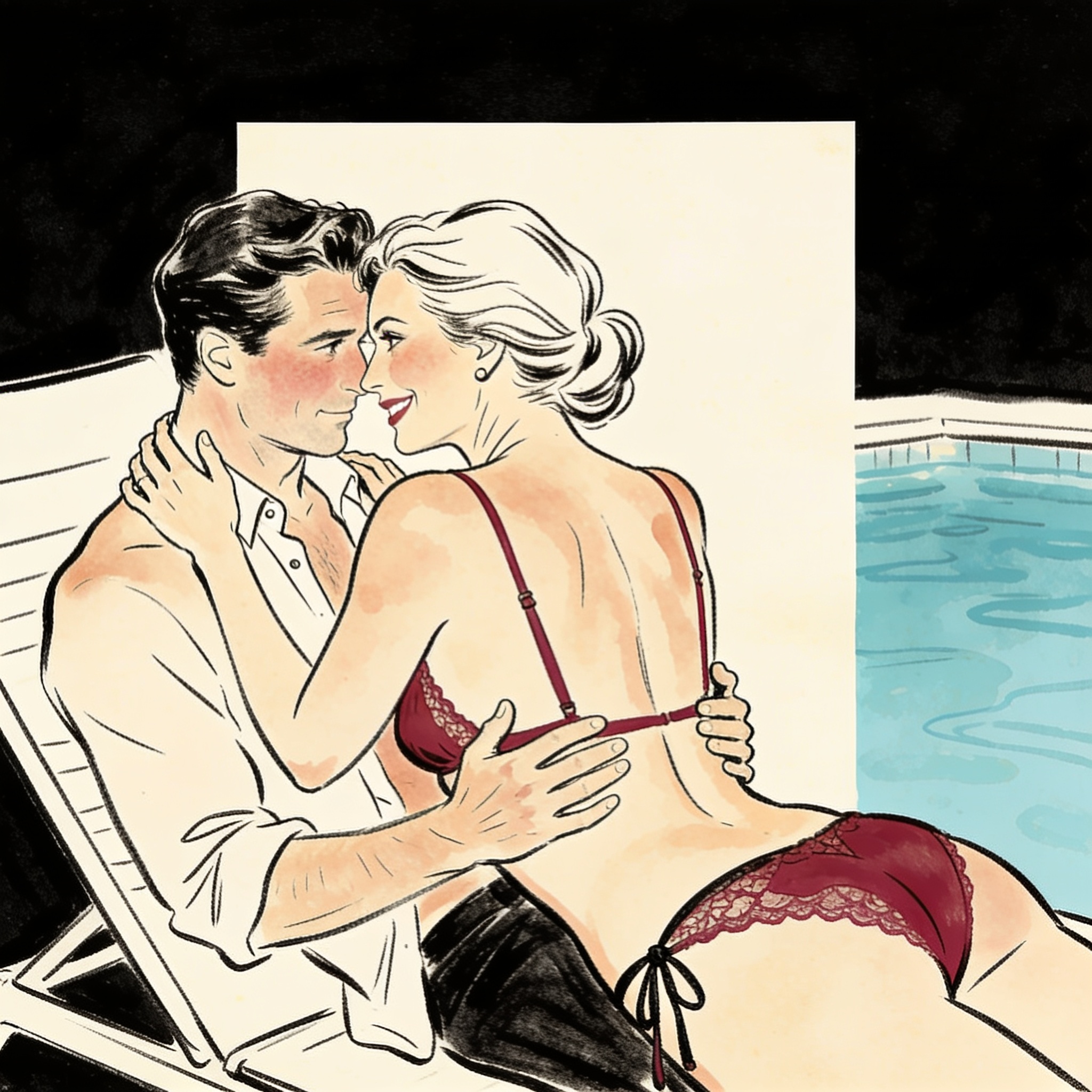 A woman in a red bikini poses on a pool lounger, watching a shy man across the water.