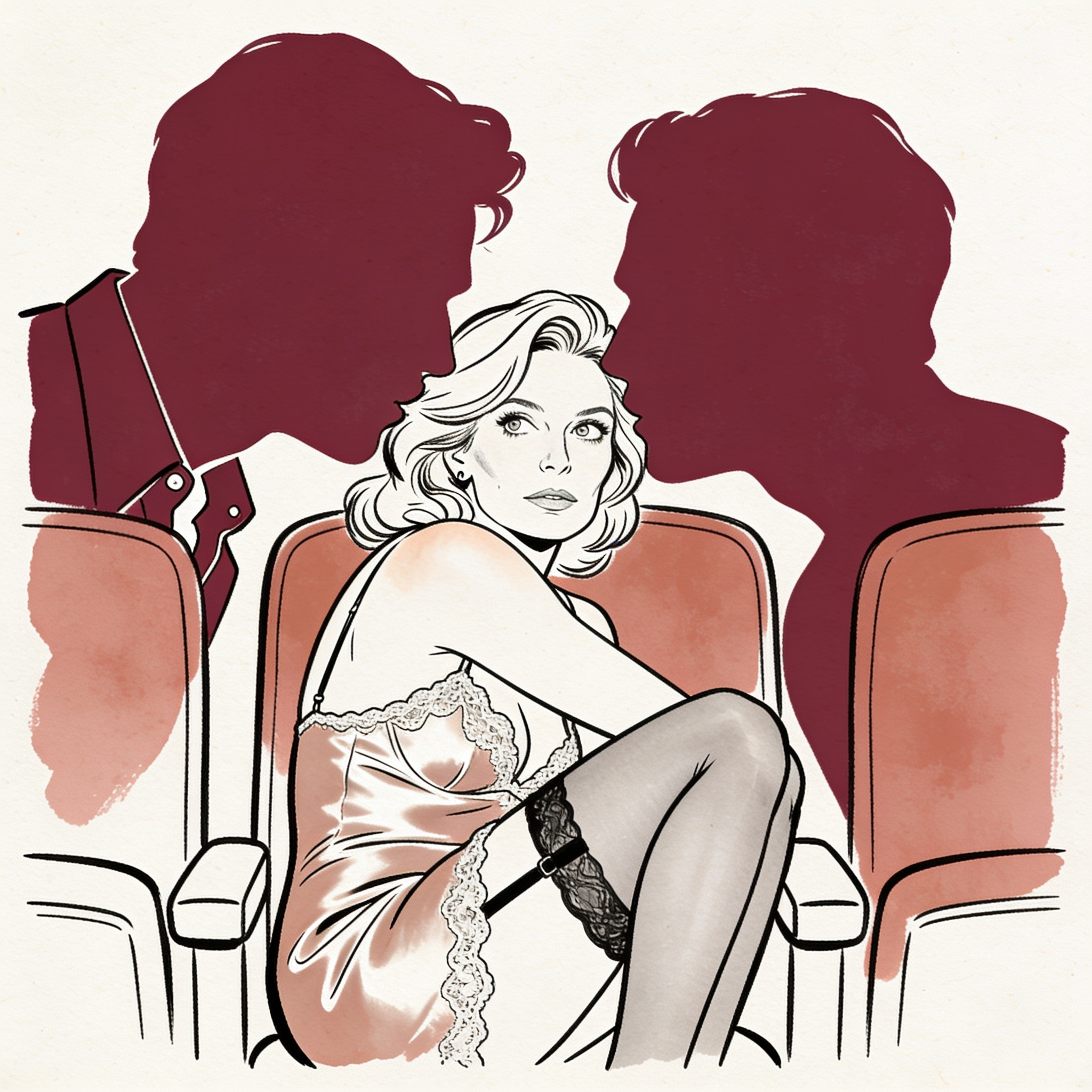A woman in a silk slip is flanked by two men in a dark cinema, their closeness tense.