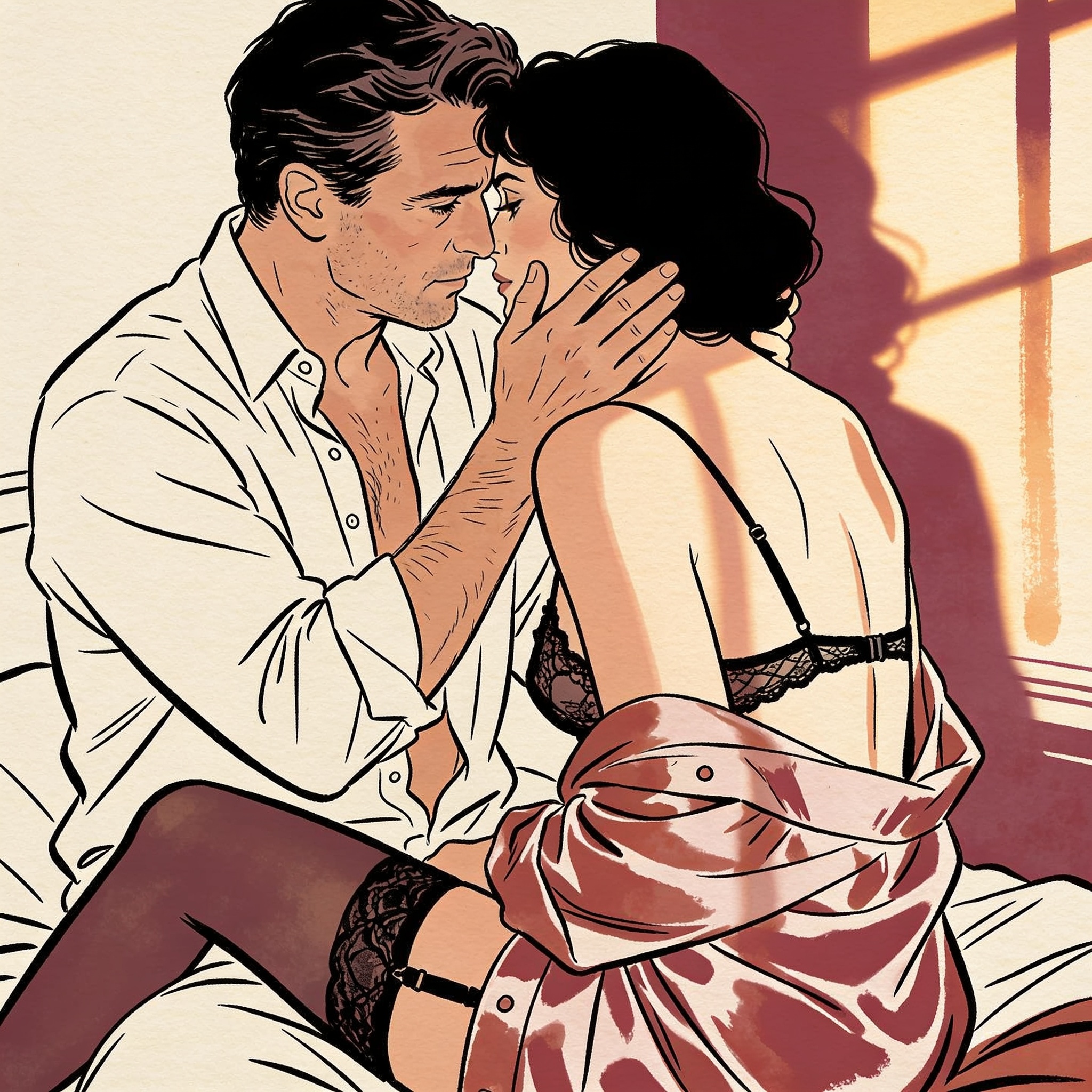 A couple in a quiet reunion, foreheads touching, his hands on her face, her in his unbu...