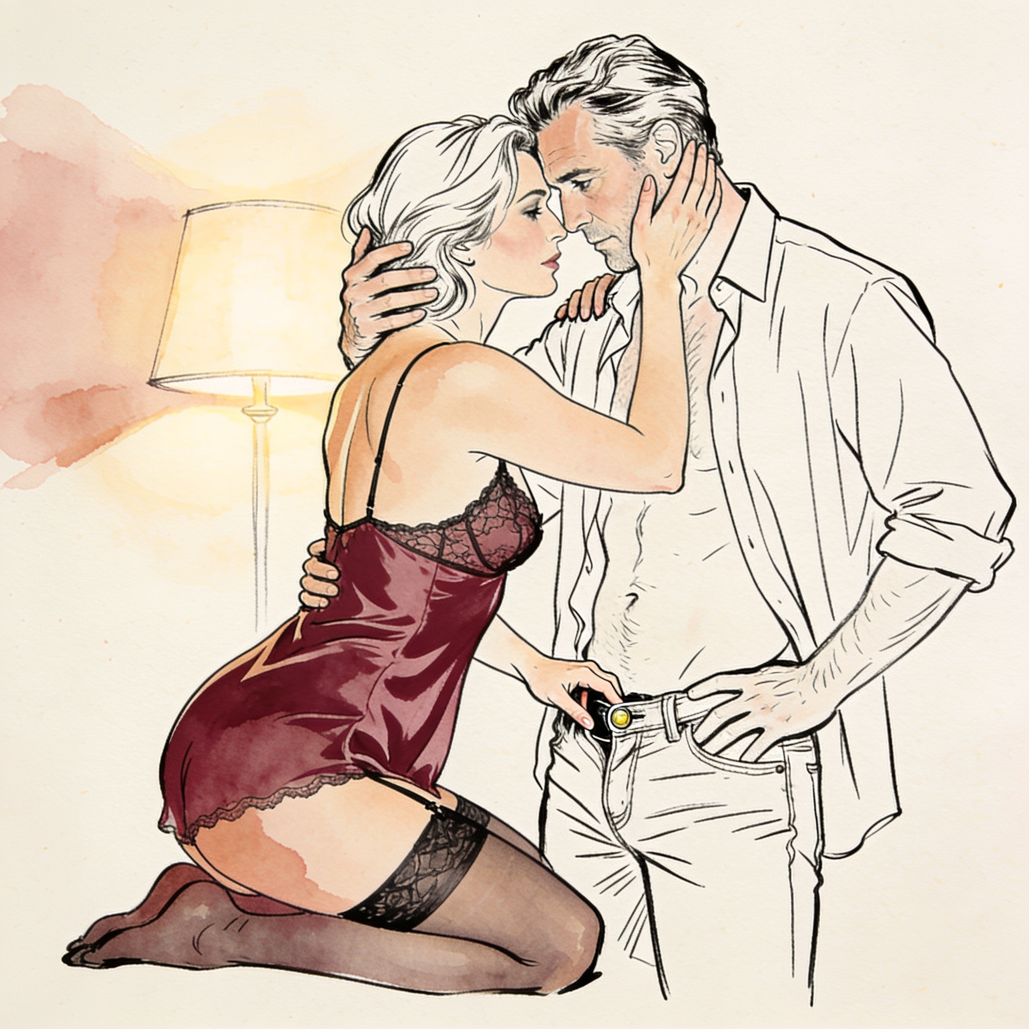 A woman kneeling, touching a man's jeans, as he gently holds her head, intimate gaze.