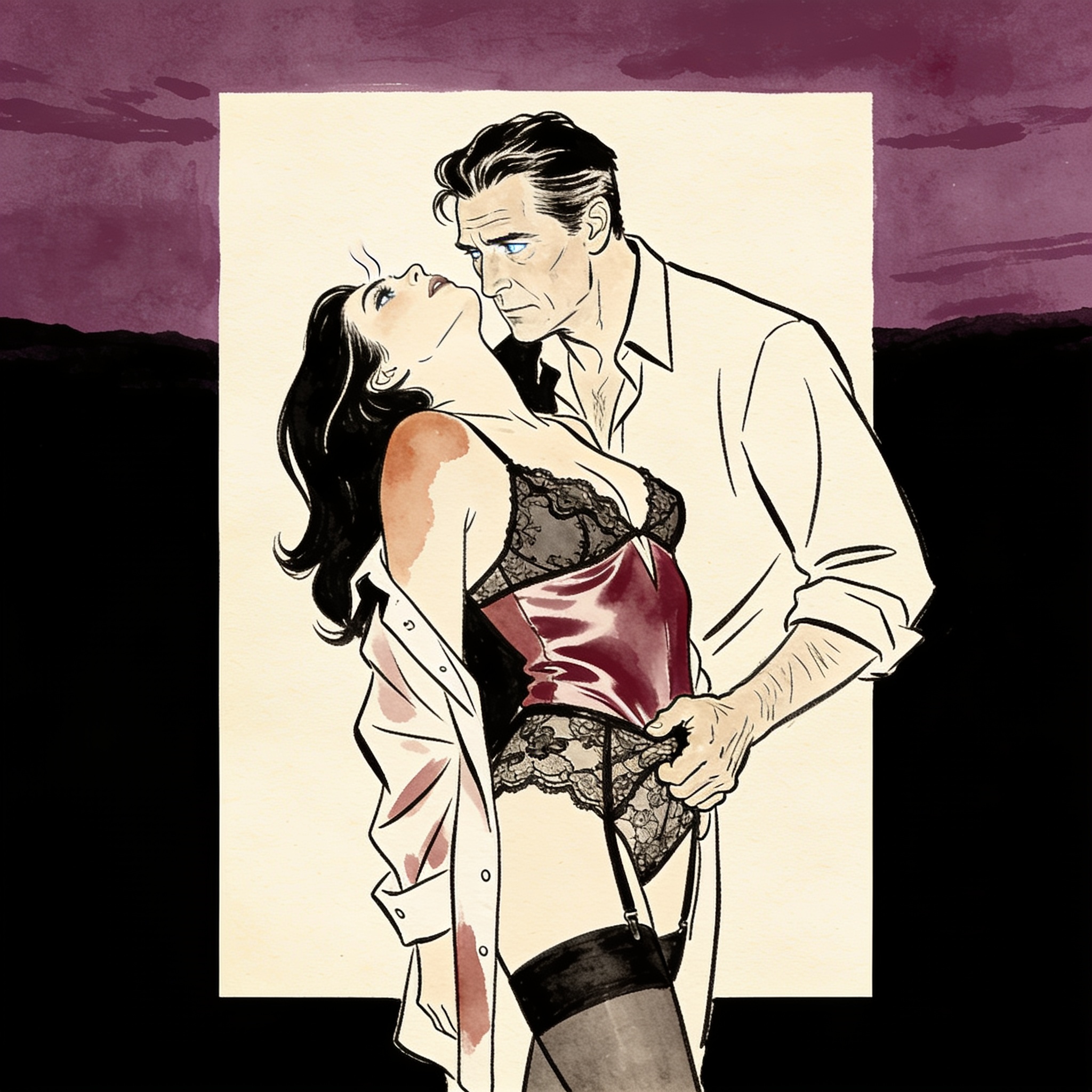A man and woman in intimate embrace on a tower parapet, tension in their gaze.