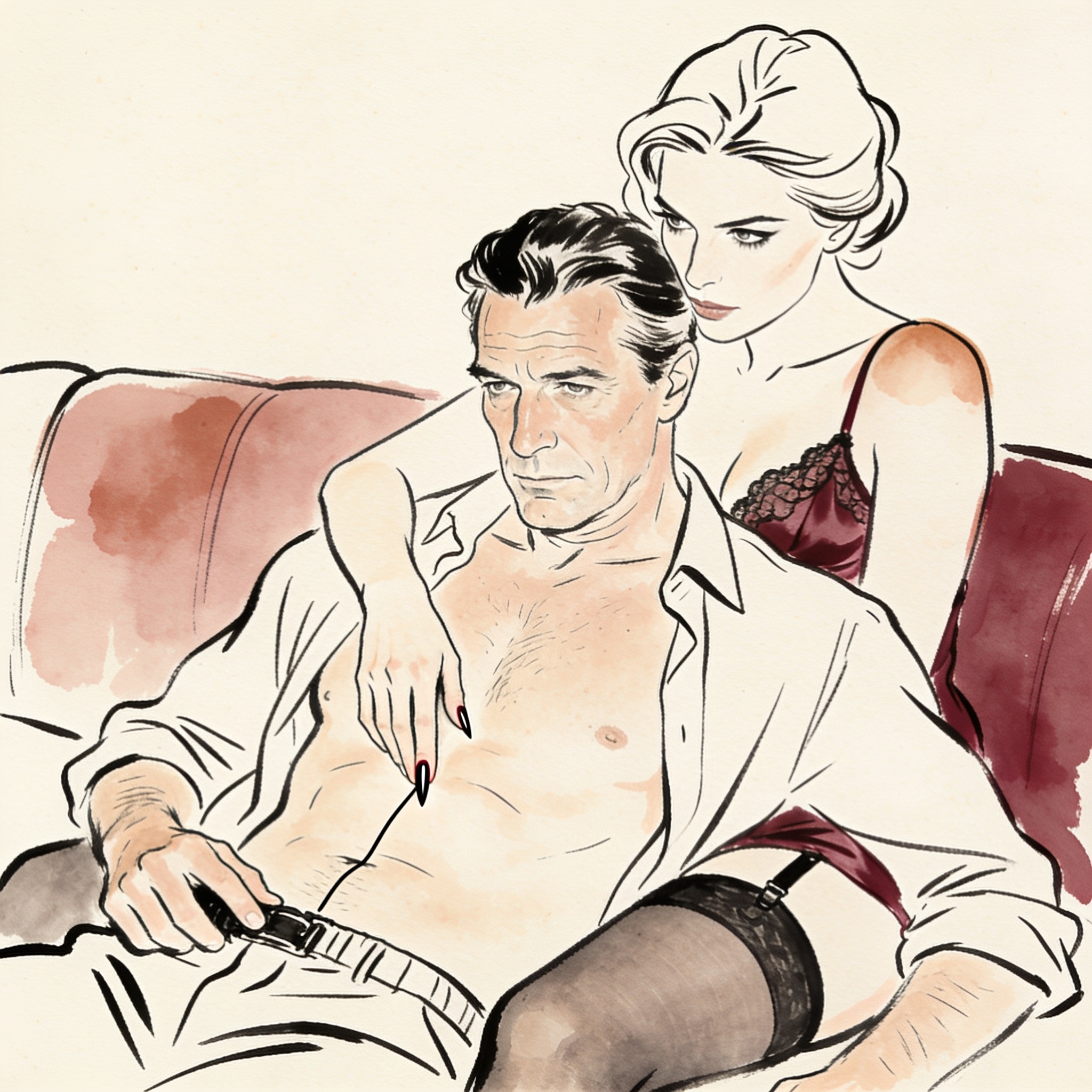 A manicured finger traces a line down a man's chest on a sofa, charged with quiet power.
