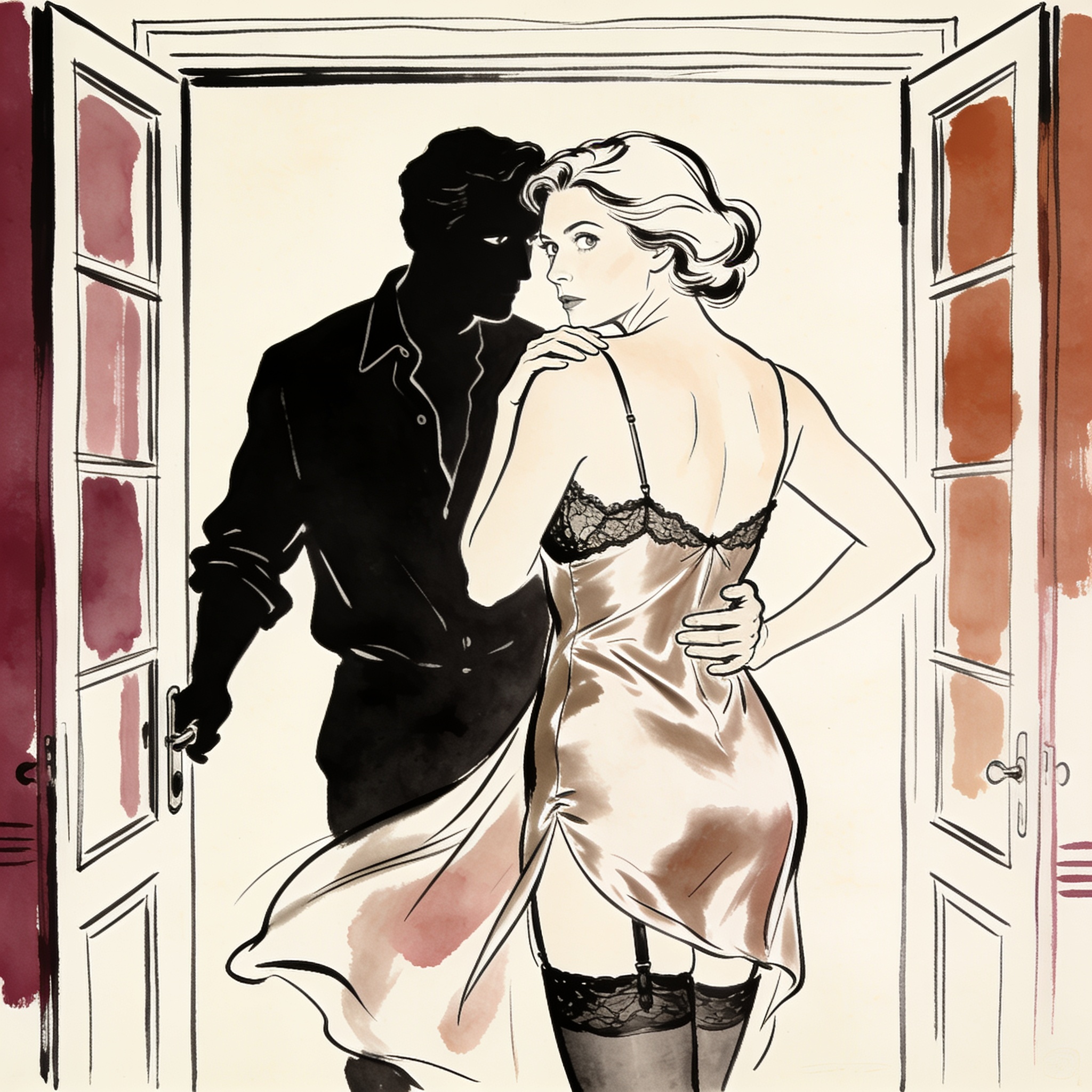 A woman in a silk slip looks back over her shoulder as a knock sounds on a hotel room d...