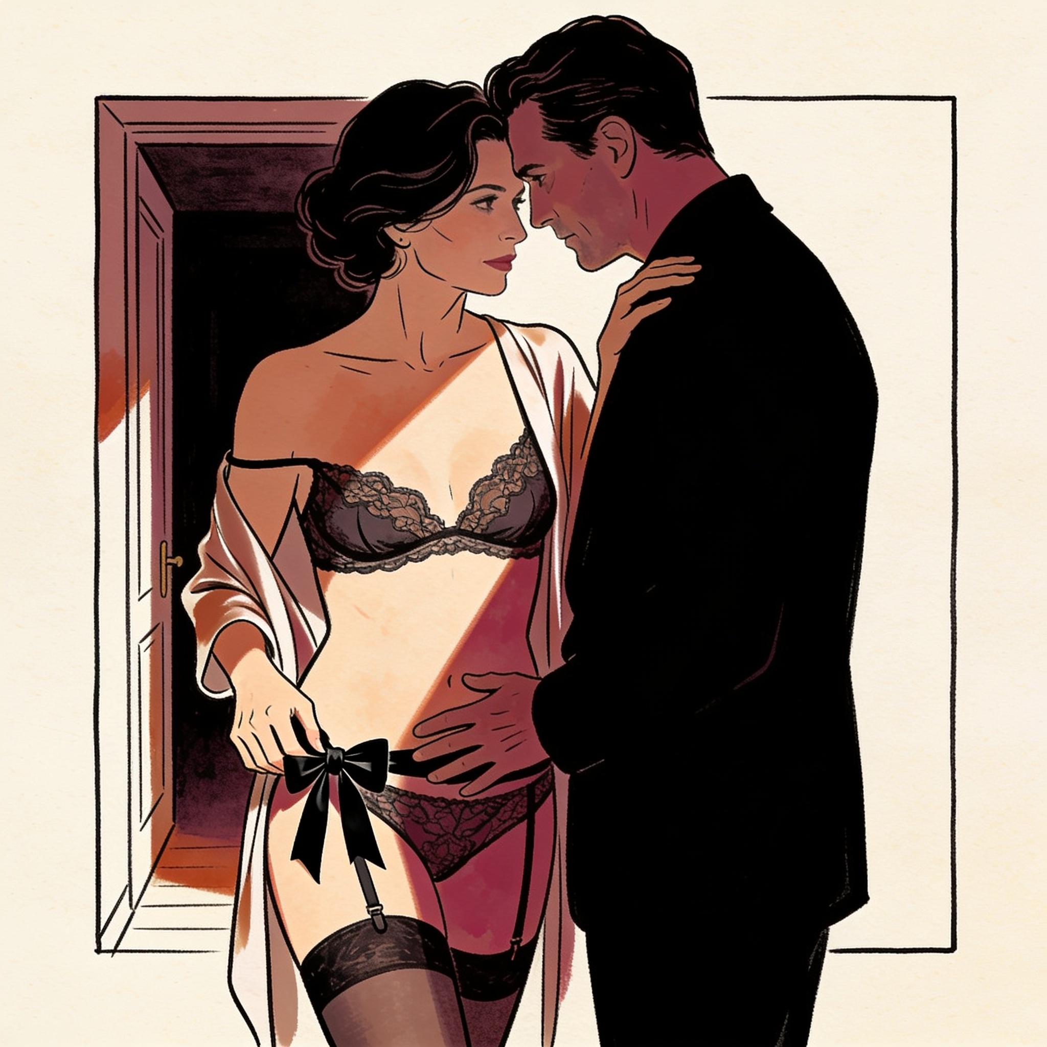 A woman in a silk camisole reveals a black ribbon tied on her hip, her gaze intense.