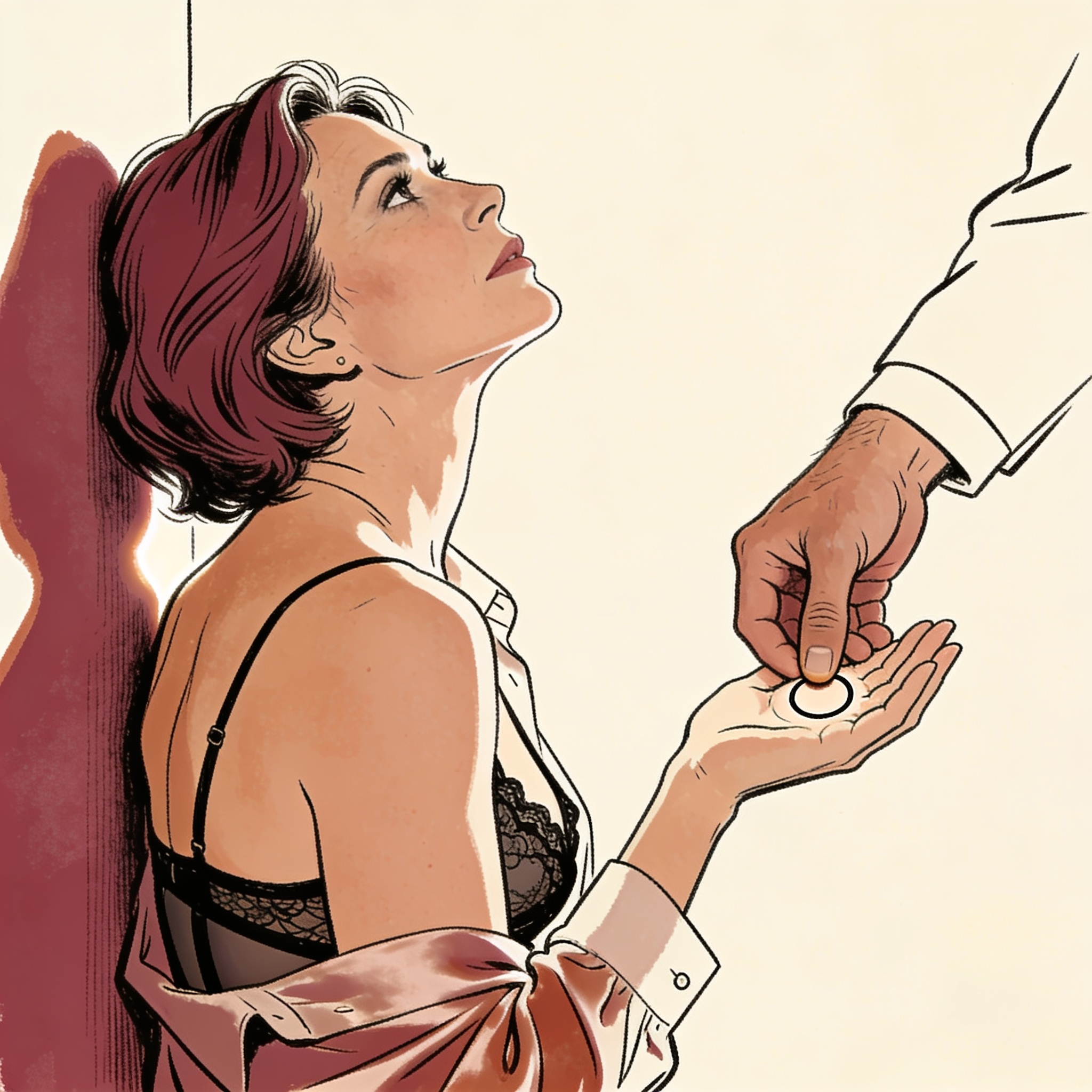 A man presses his thumb into a woman's palm as they stand close in a crowded club.