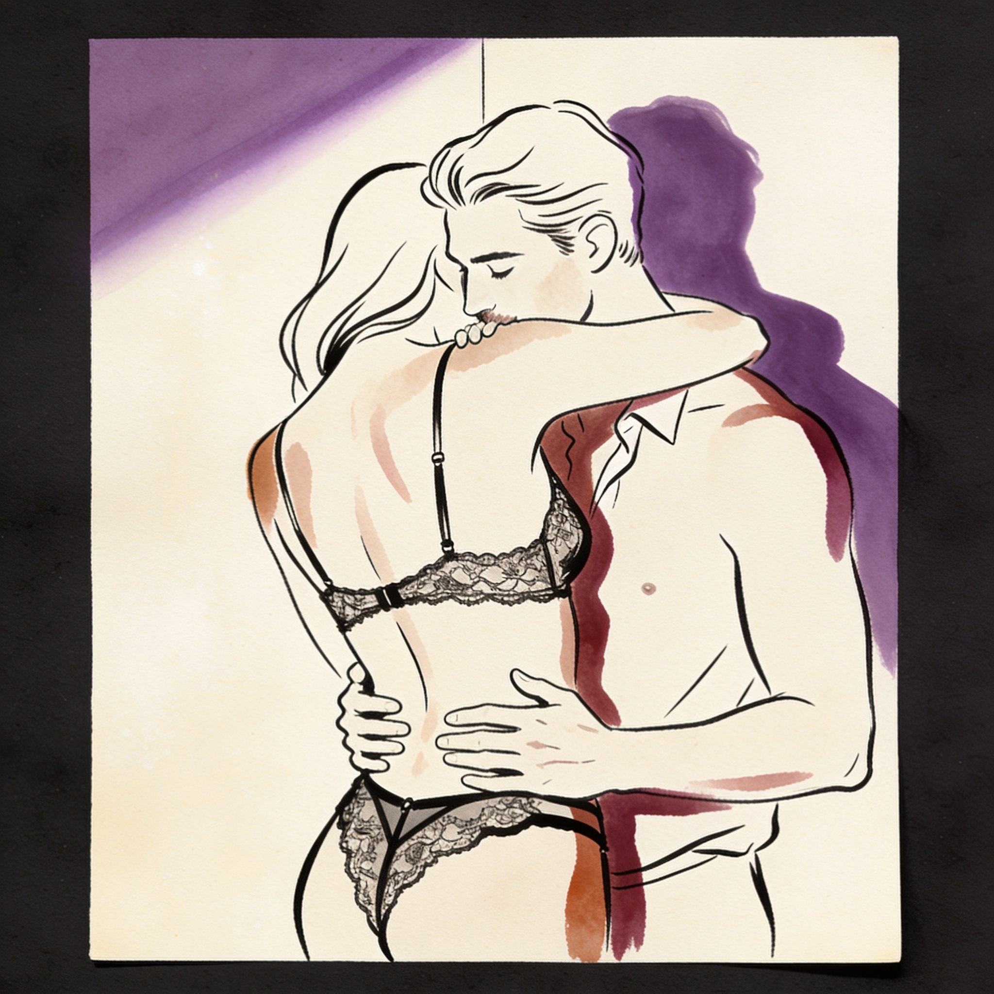 Woman in lace bra leans back against a man's bare chest, his lips at her shoulder.