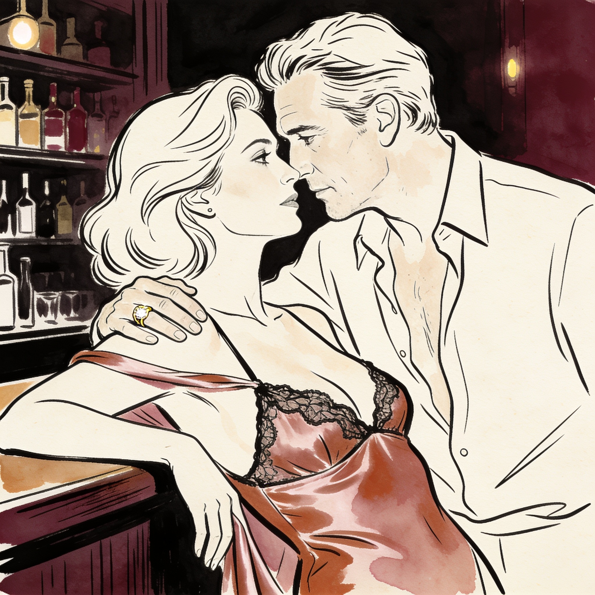 Woman in a silk slip, her shoulder bare, leans close to a man in a dimly lit bar, foreh...