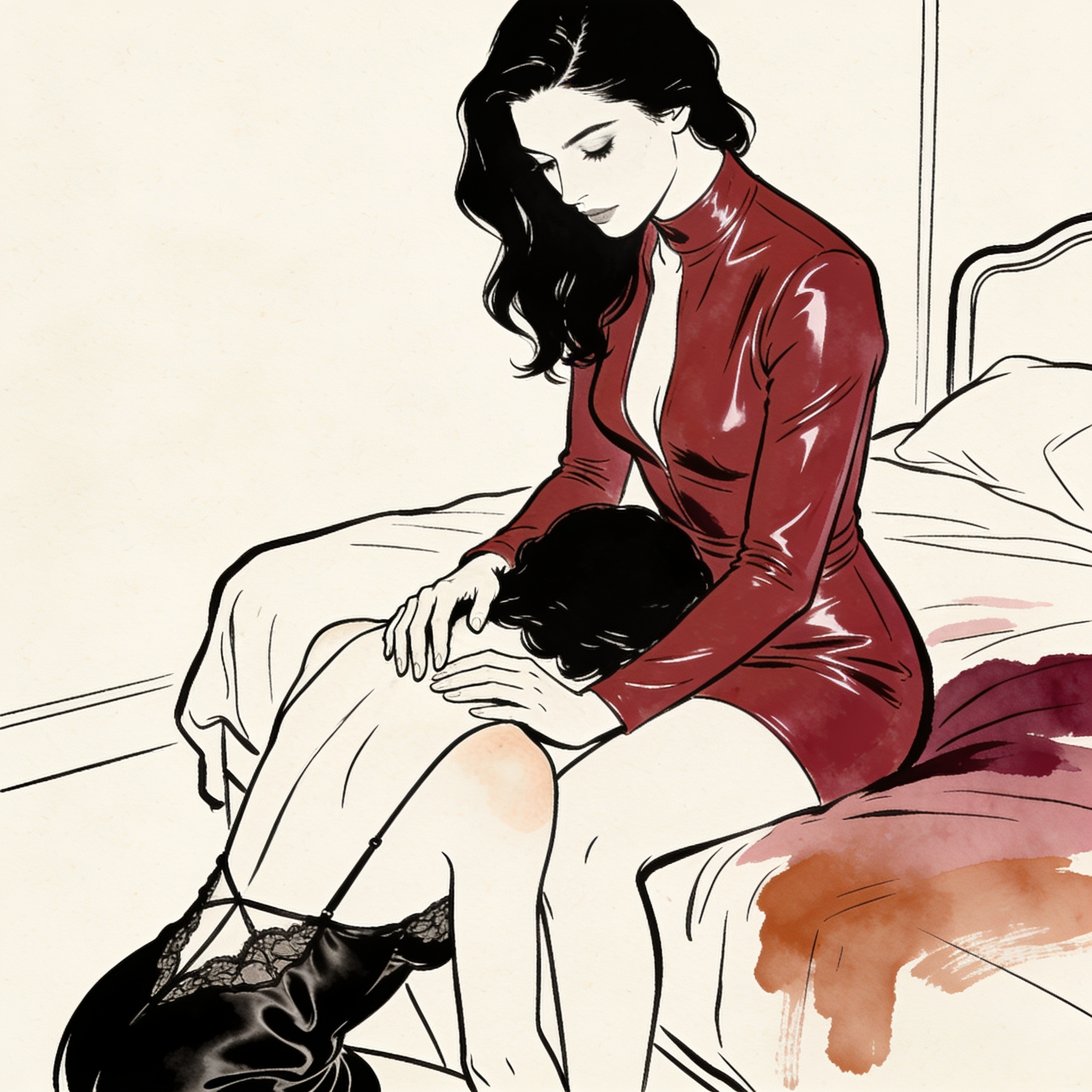 A woman watches a kneeling person in silk lingerie, her hand on their neck.