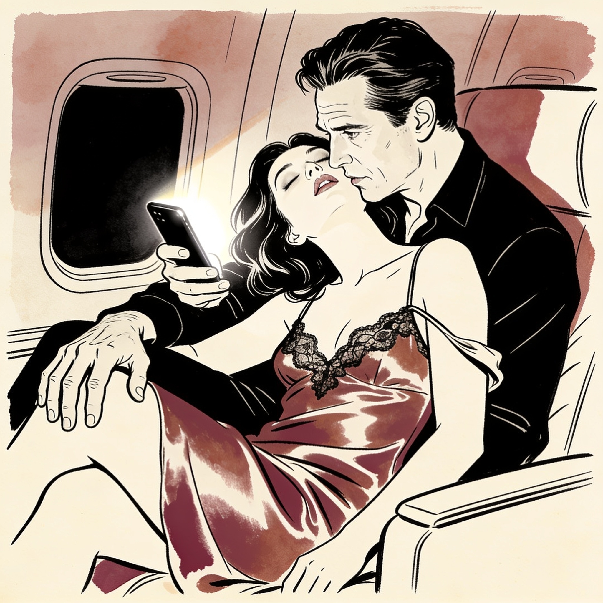 A man and a woman in a dim, intimate cabin, her lace camisole strap fallen, his hand on...