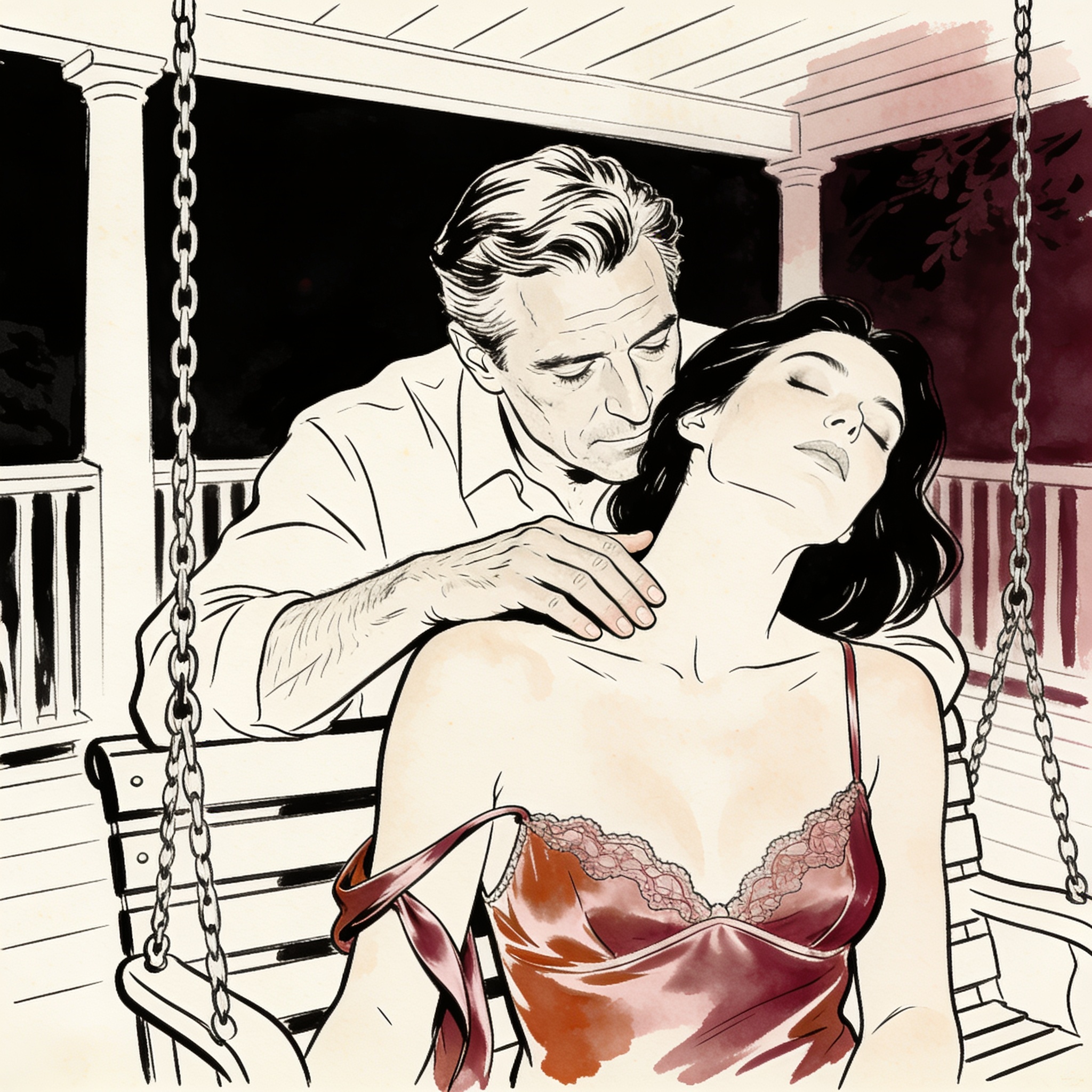 A man touches a woman's bare shoulder as she leans against him on a porch swing.