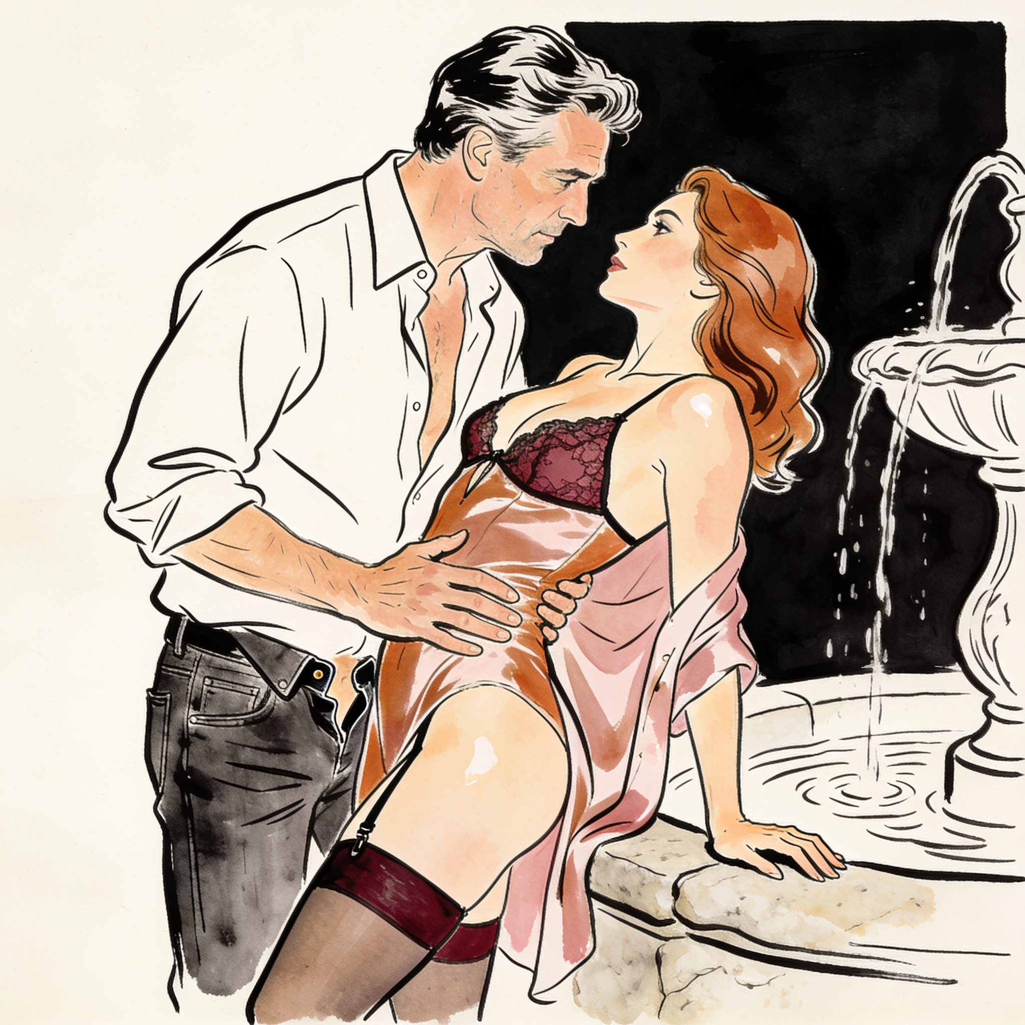 A man and woman in a tense, intimate moment at a public fountain.