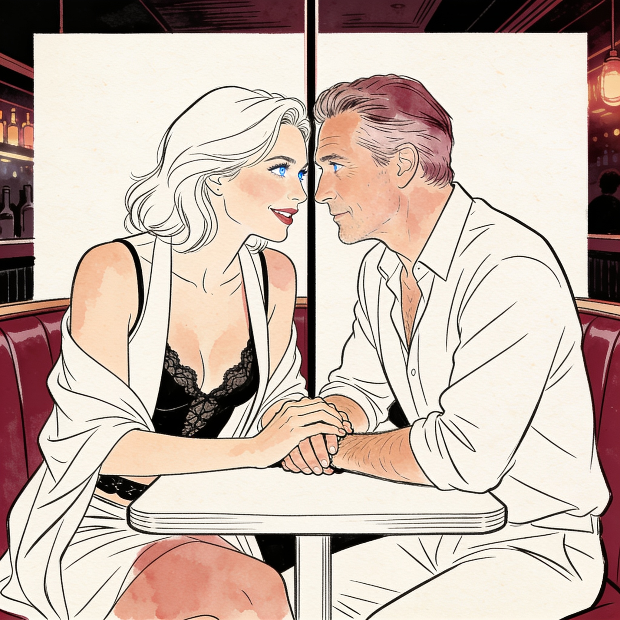 A man and woman share an intimate, longing gaze across a bar booth.
