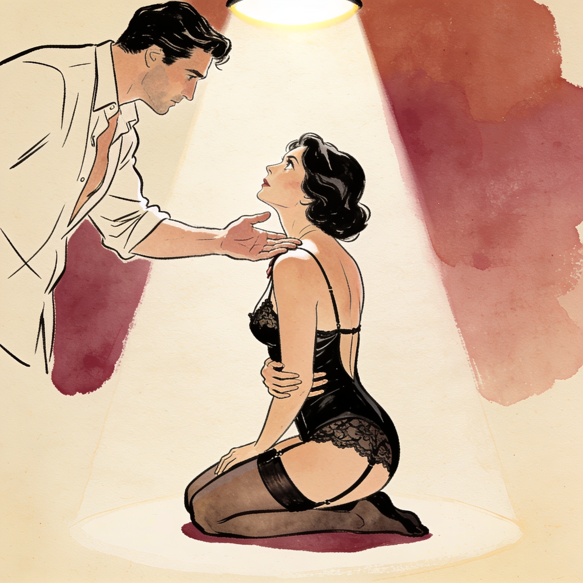 A woman kneels, looking up at a man's extended hand in a dim club.