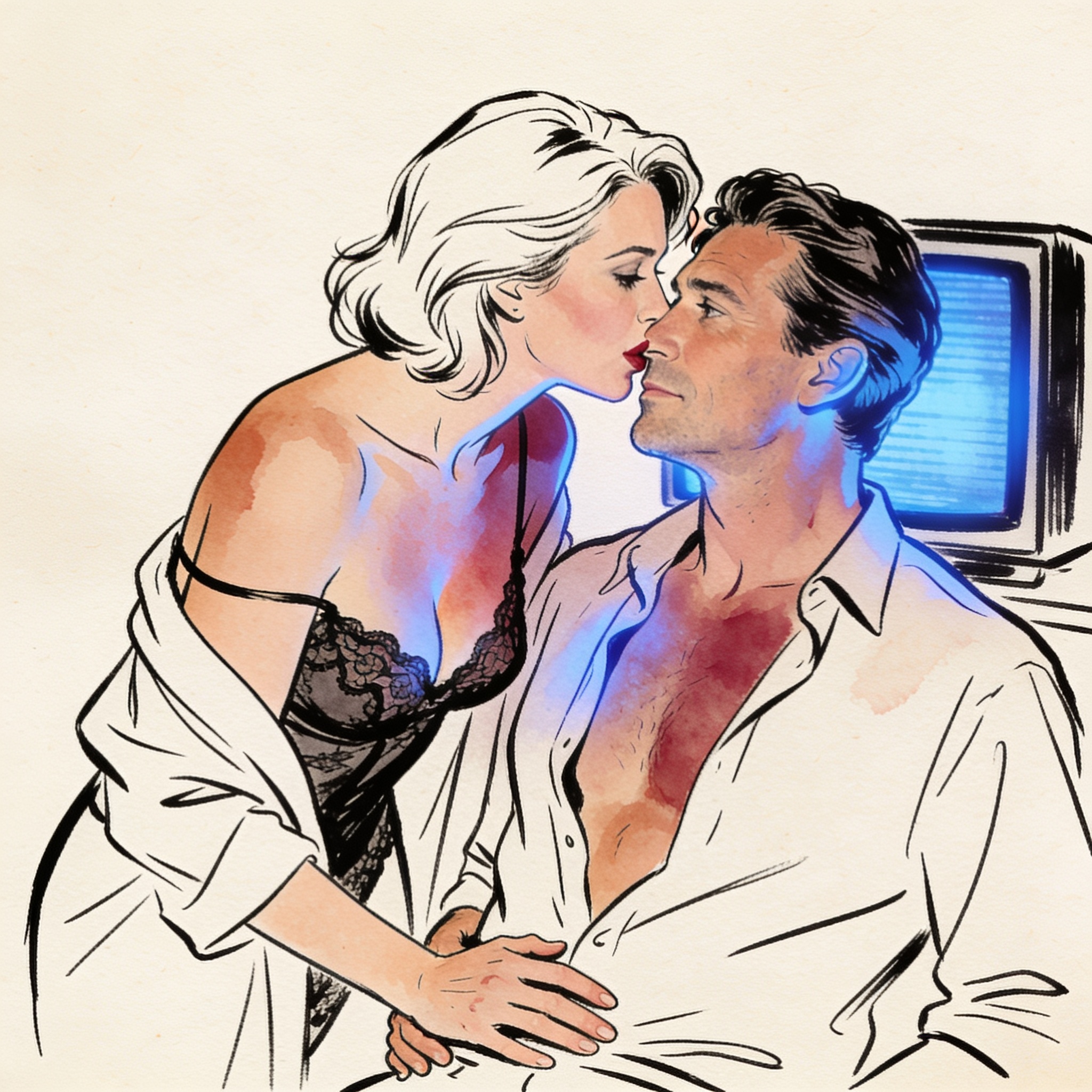 A couple shares a close, whispered secret in dim blue light, faces intimate.