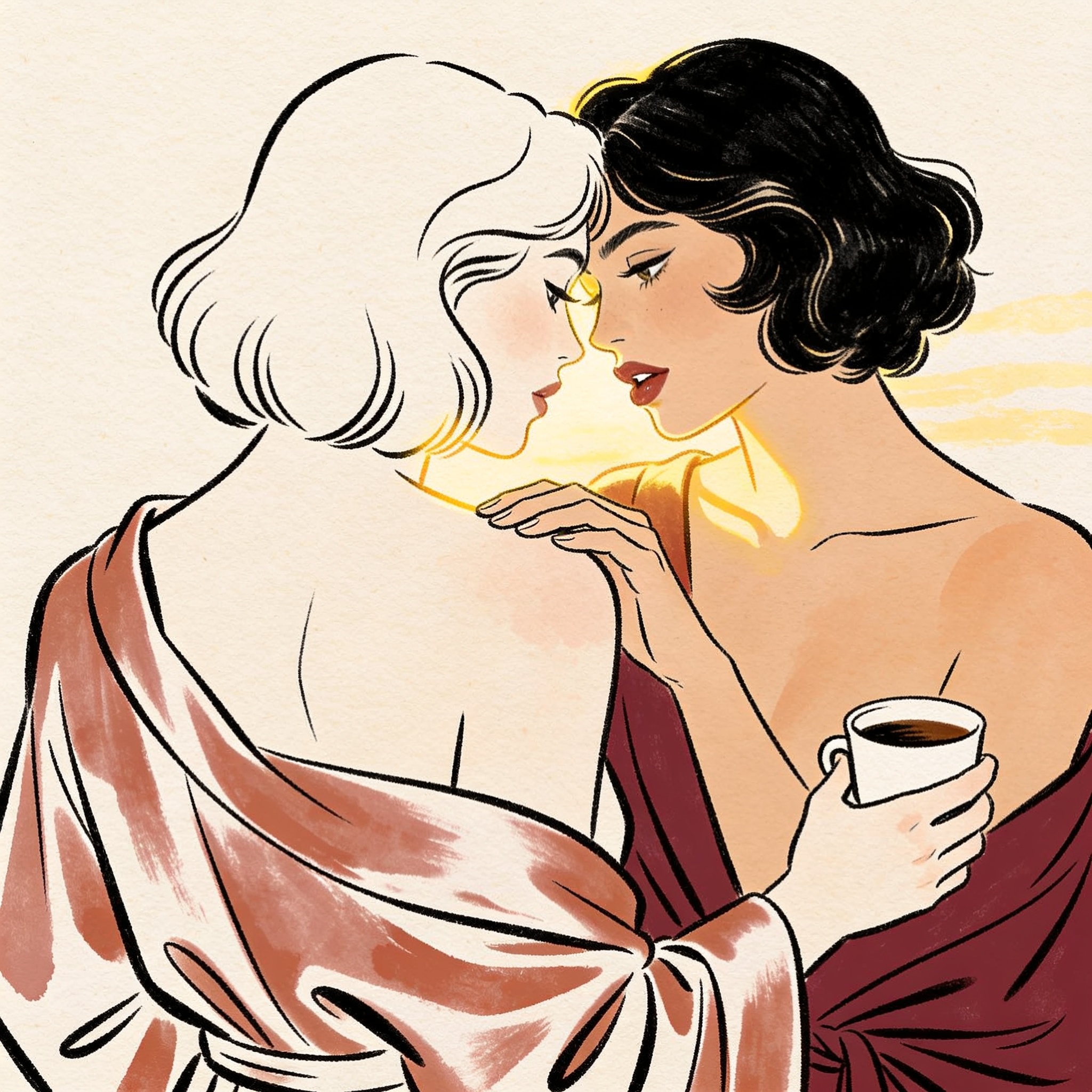Two women, foreheads touching, one's robe slipping as hands linger sharing a coffee cup.