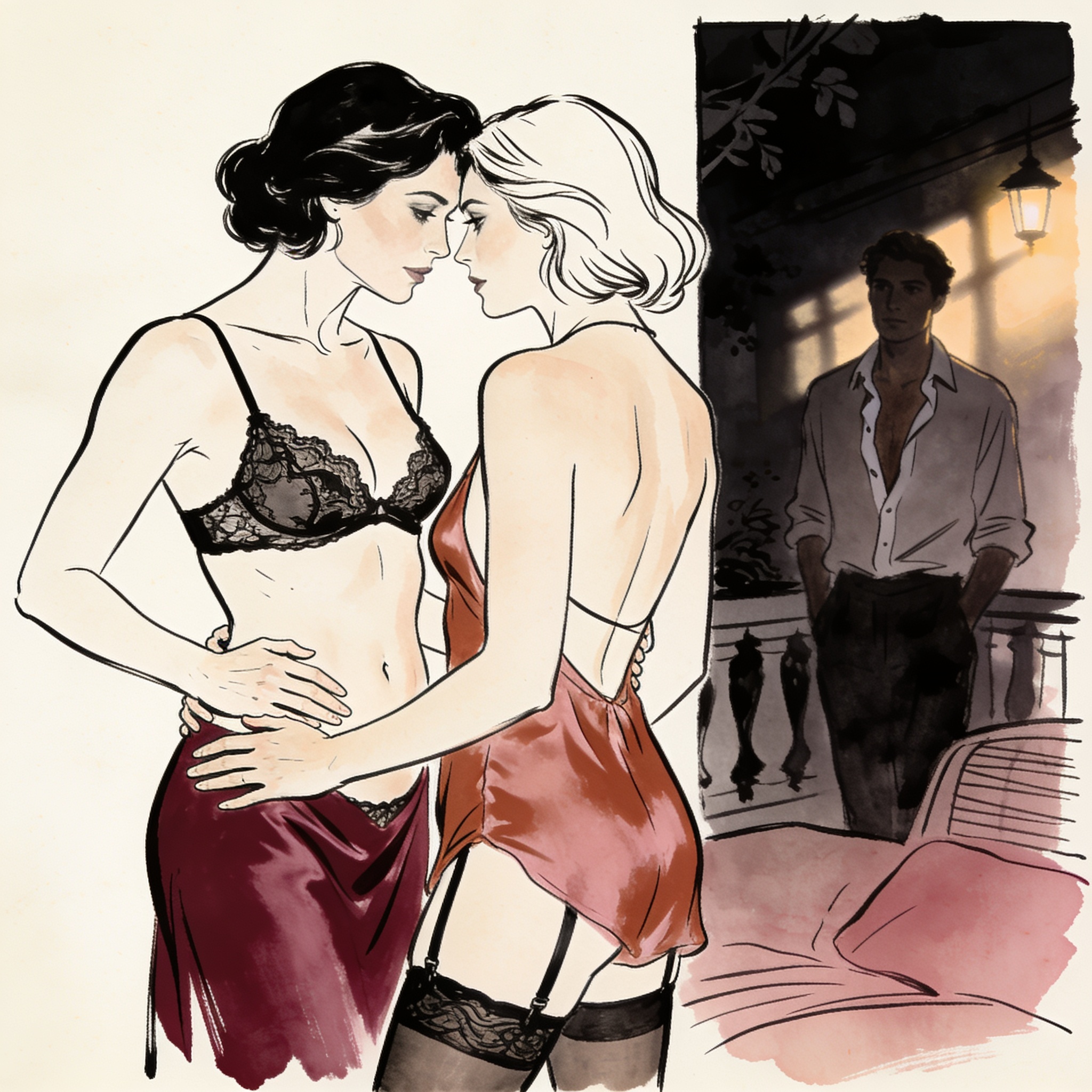 A guided intimate touch under soft lights as three gazes meet.