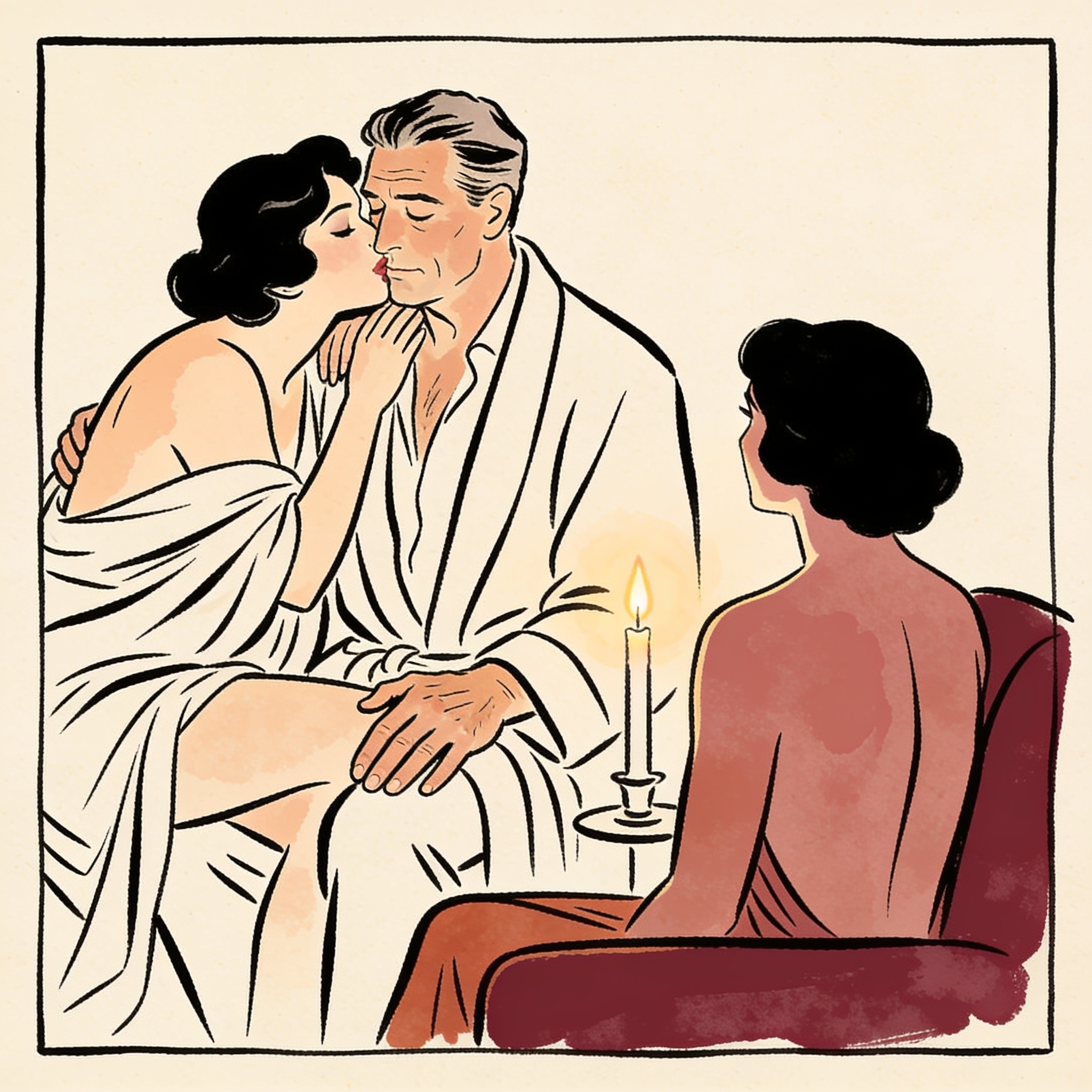 Couple shares an intimate, charged glance with a guest while their hands touch.