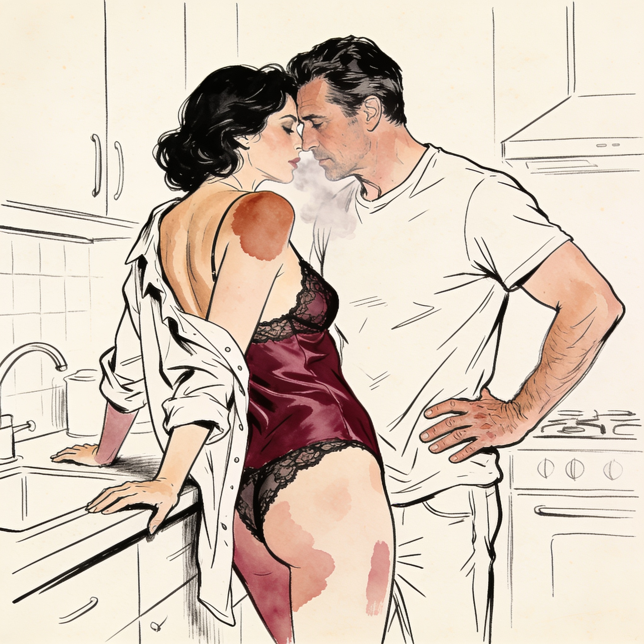 A couple embraces intimately in a dim kitchen, foreheads touching with palpable tension.