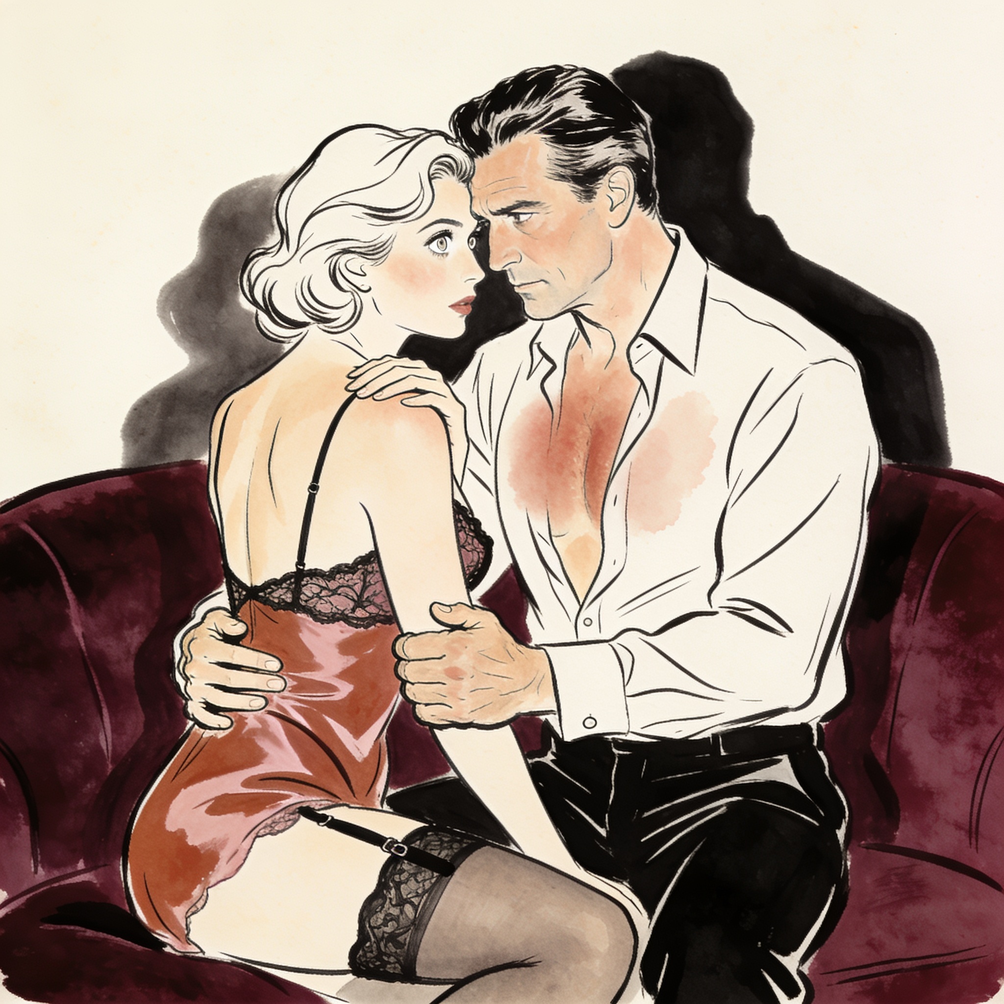 A woman glances at a man's lap as her husband holds her arm, another man watches intently.