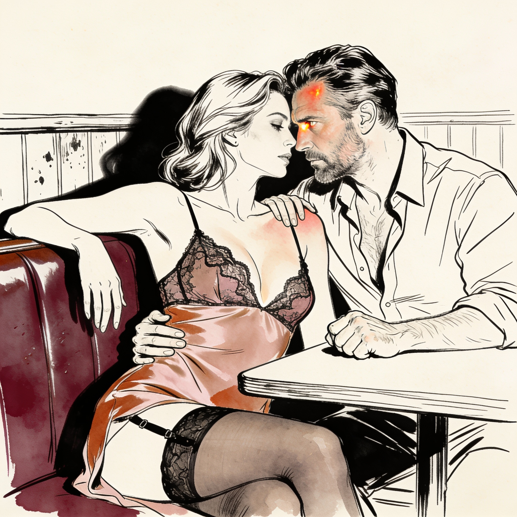 A man averts his gaze, blushing, from a woman in a low-backed dress in a tavern booth.