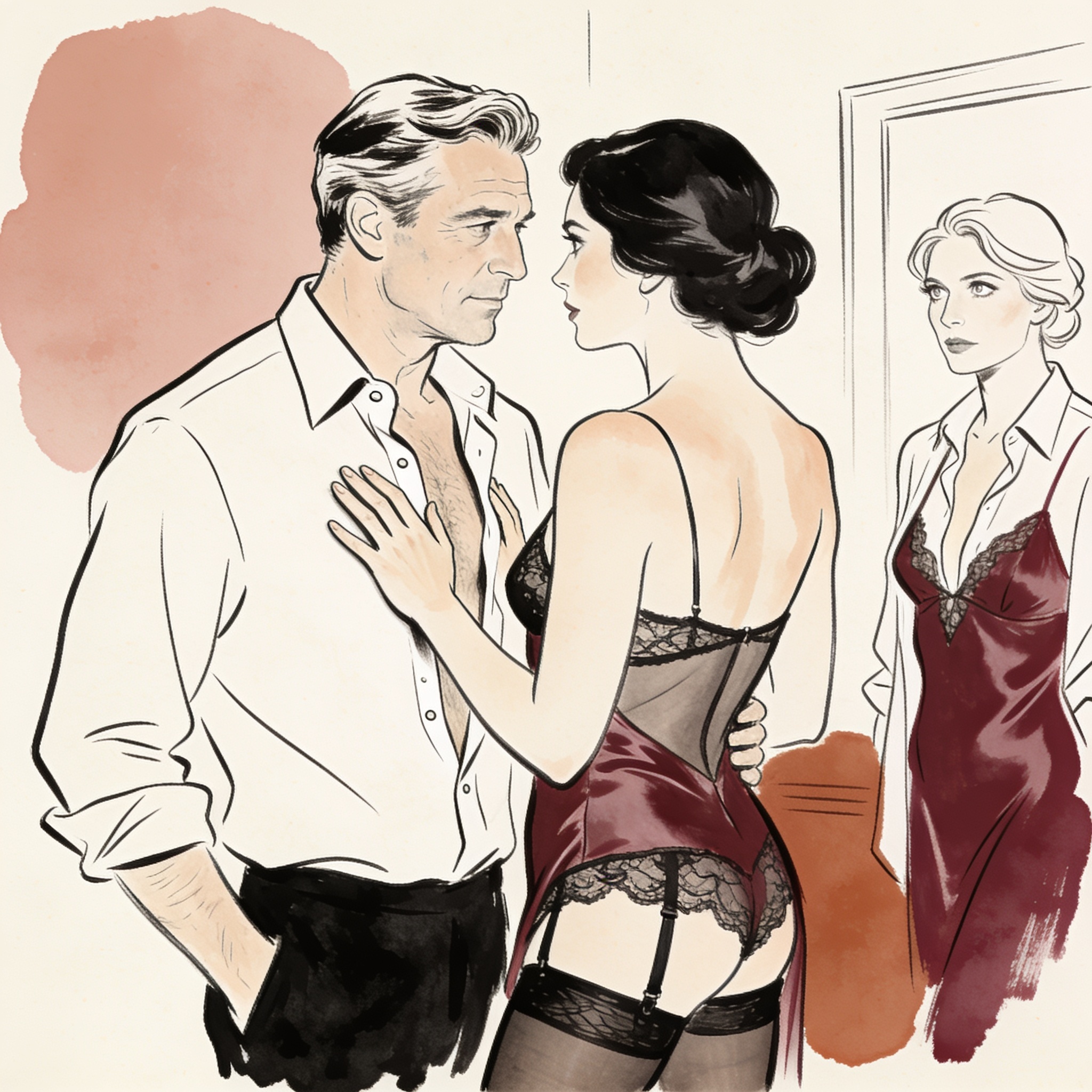 A couple stands close as a third watches, charged with desire.