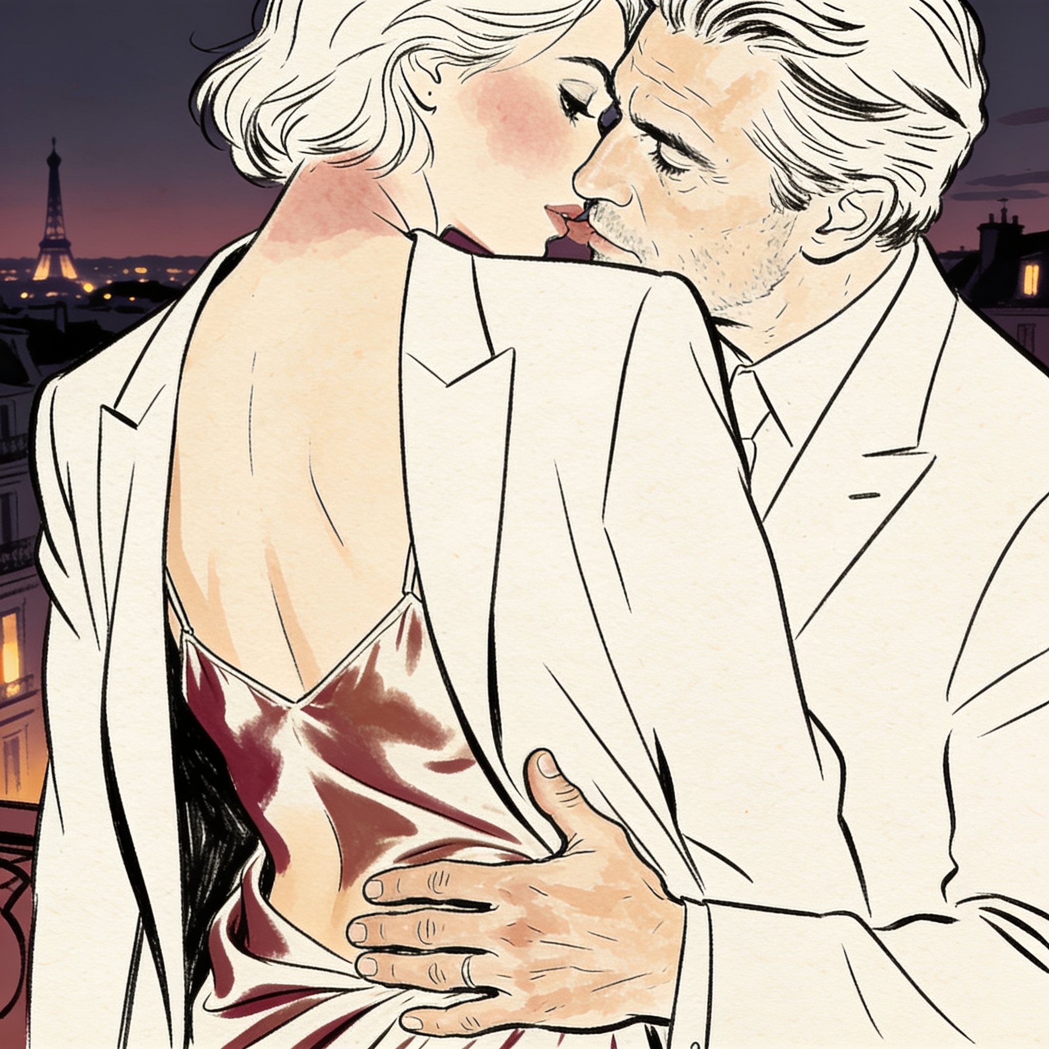 Man and woman stand close in an office; his hand rests on her hip as their foreheads ne...