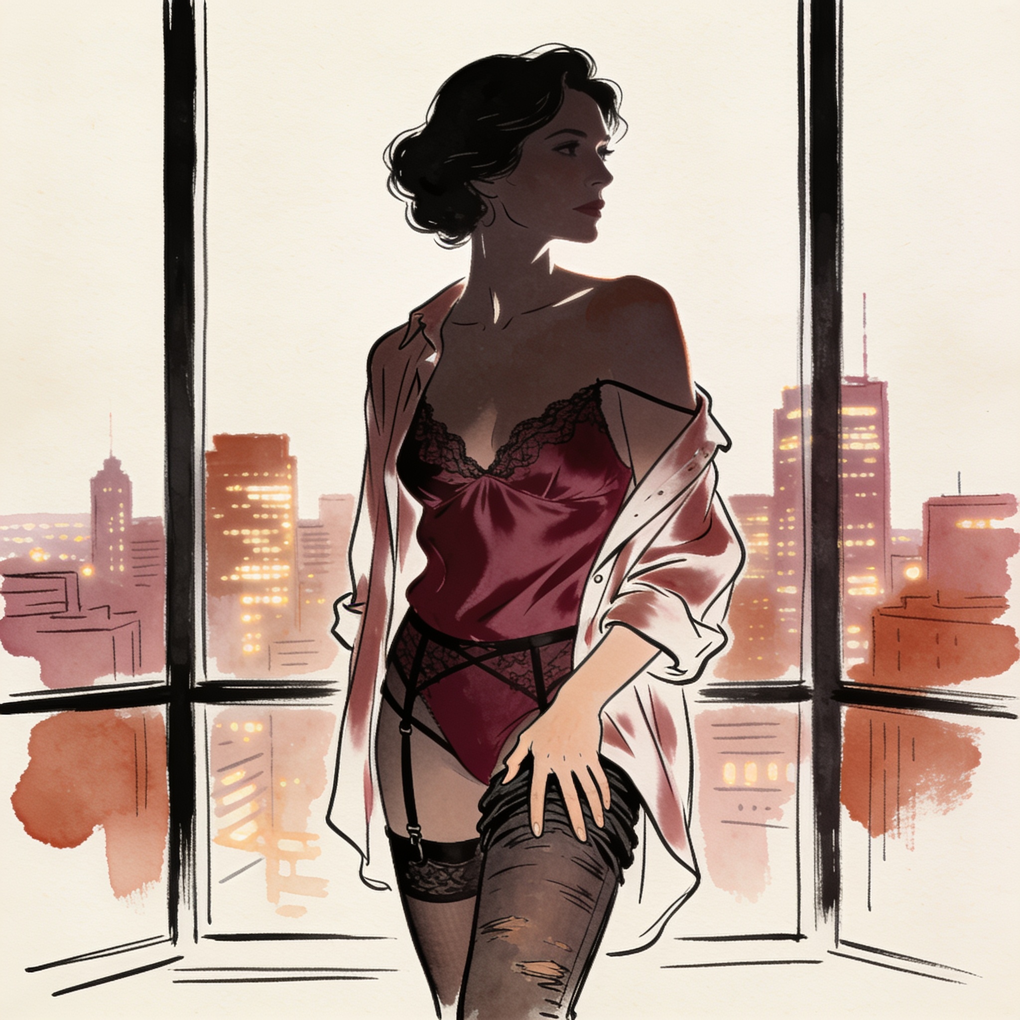 Silhouette of a woman in a sunset-lit apartment, touching her hip, lost in memory.