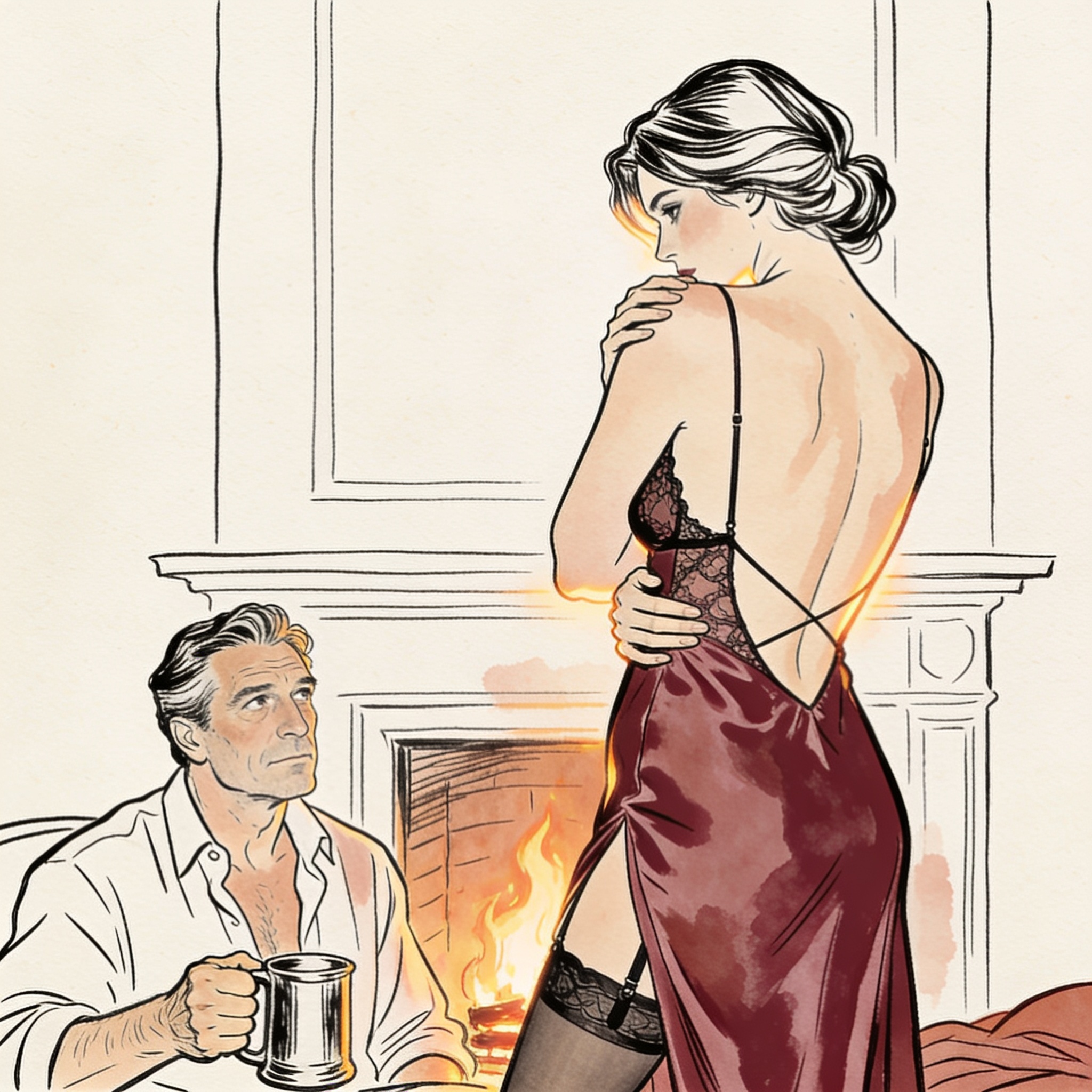 A tense moment in a tavern: a woman in a backless gown turns from a man's longing gaze.