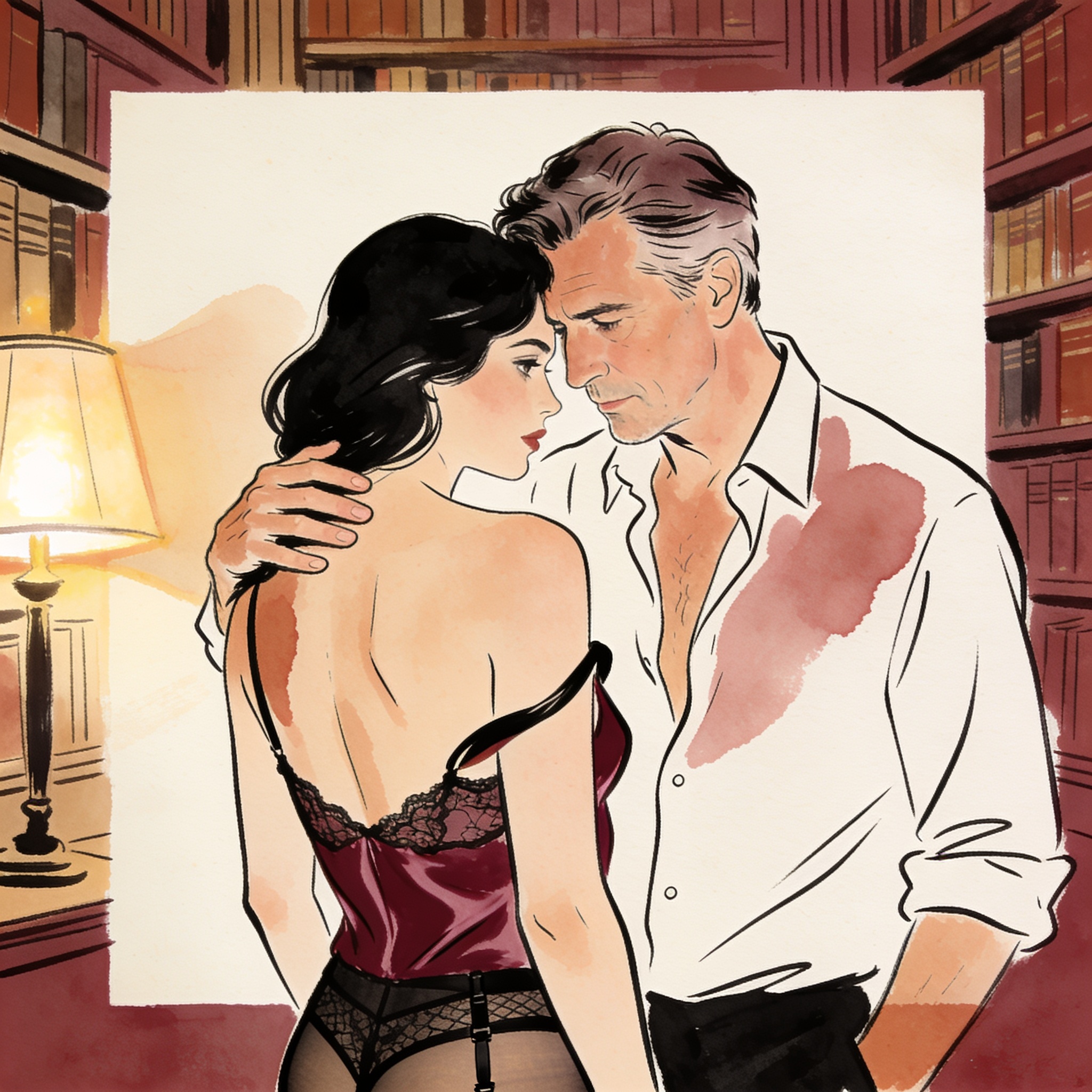 A man's hand on a woman's bare shoulder, his intense gaze close to her neck in a dim li...