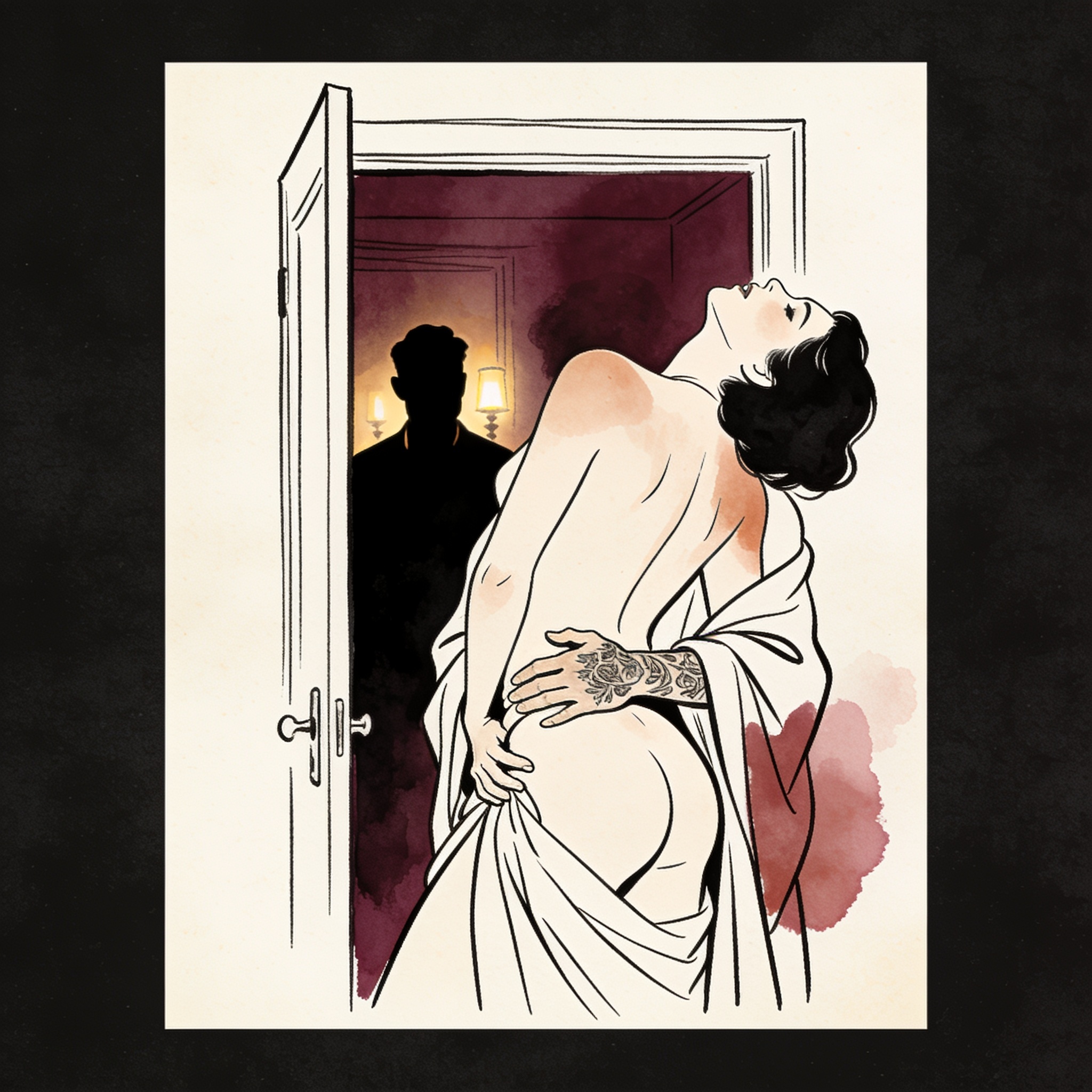Silhouette watches a tattooed hand gripping a woman's arched hip through a doorway.