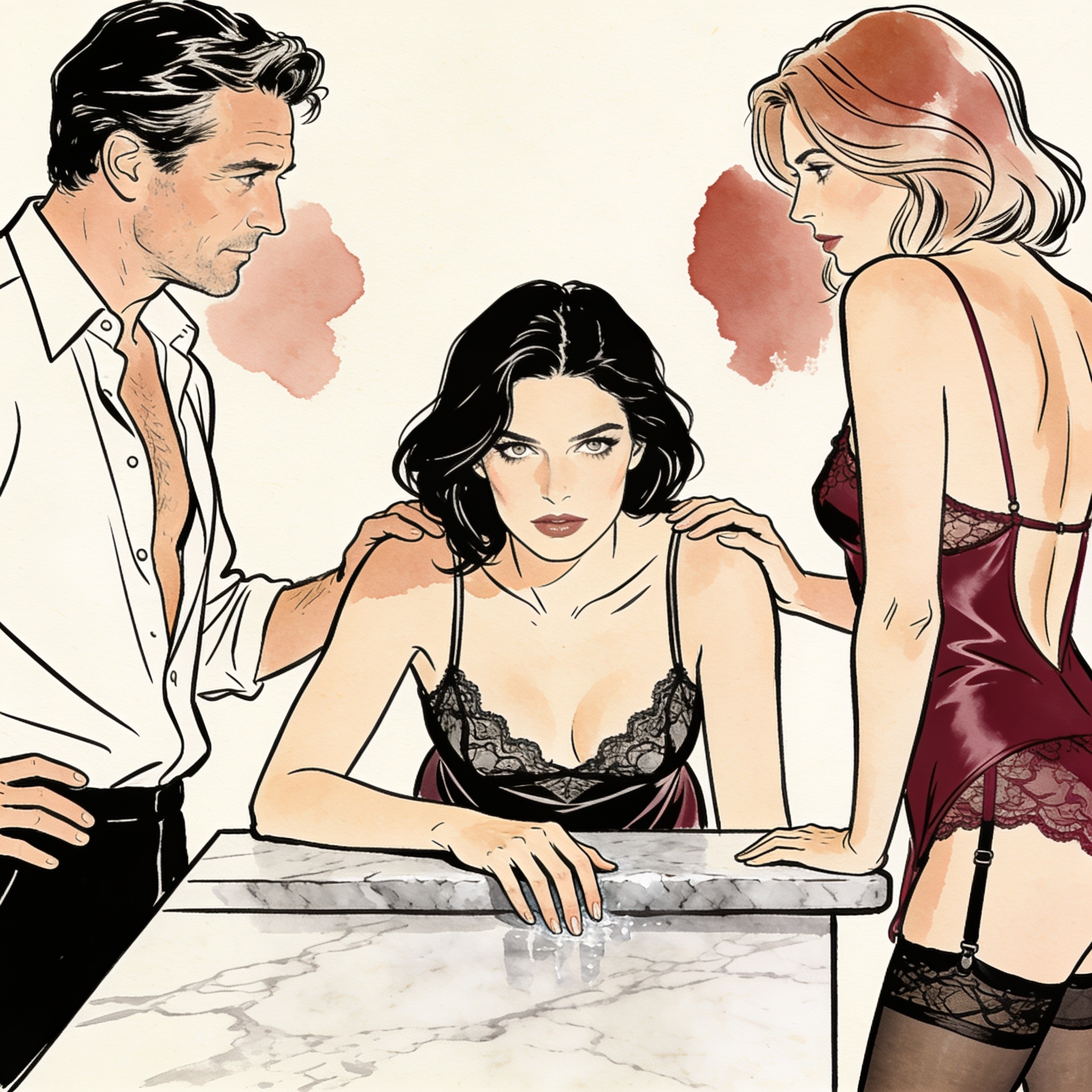 Three adults in a modern kitchen share a tense, intimate moment of charged eye contact.