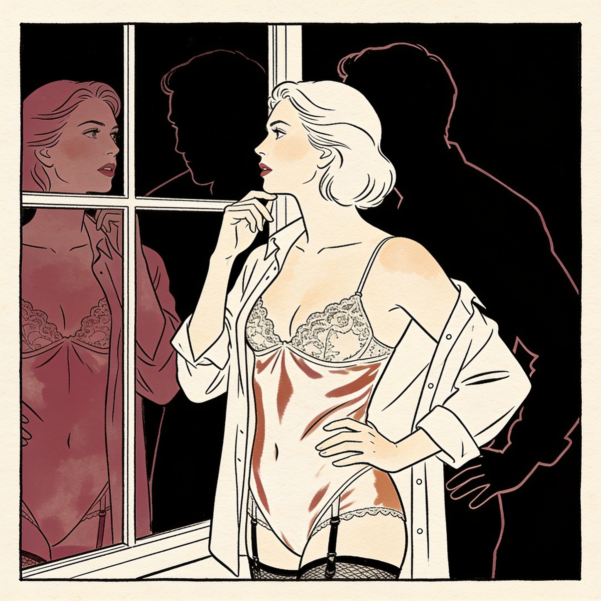 A woman and a man's reflection in a dark window, he guides her chin as she looks back a...