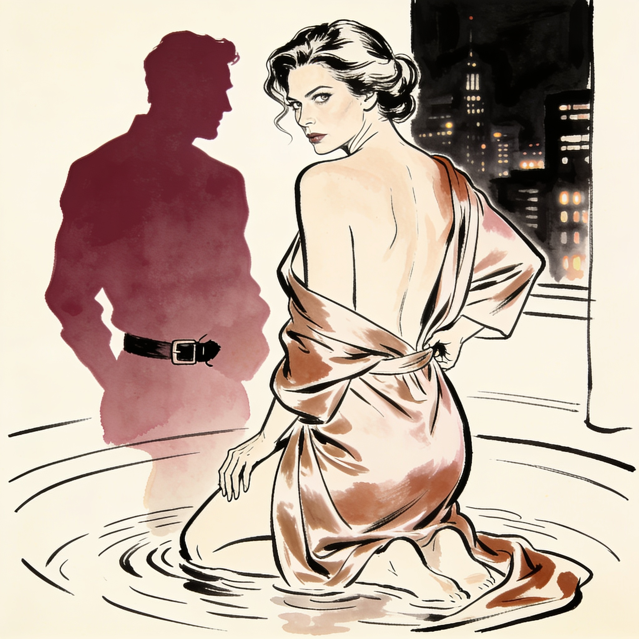 A woman kneeling, looking back as she reaches for a stranger's belt, her robe pooled ar...