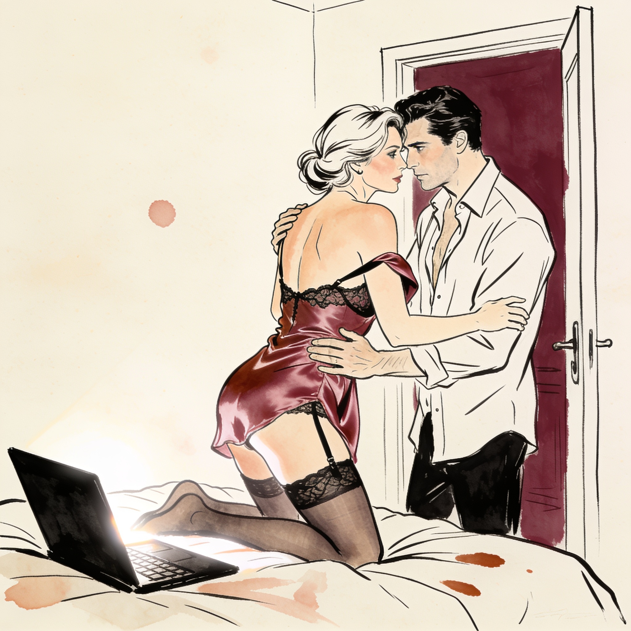 A woman in a silk slip halts, meeting an observer's gaze in a dim hotel room.