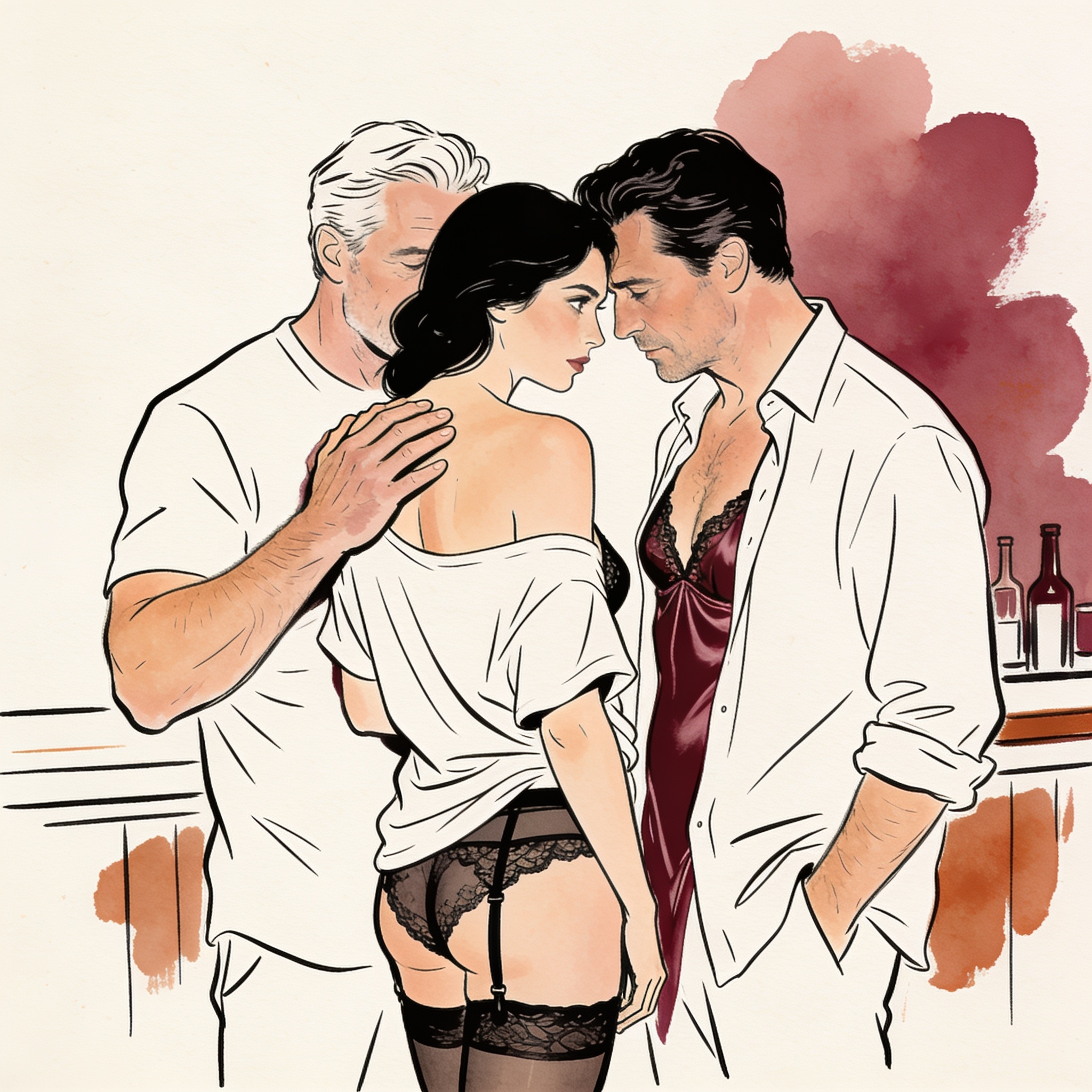 Woman in slipped tee between two men, a hand on her shoulder, sharing an intimate gaze.