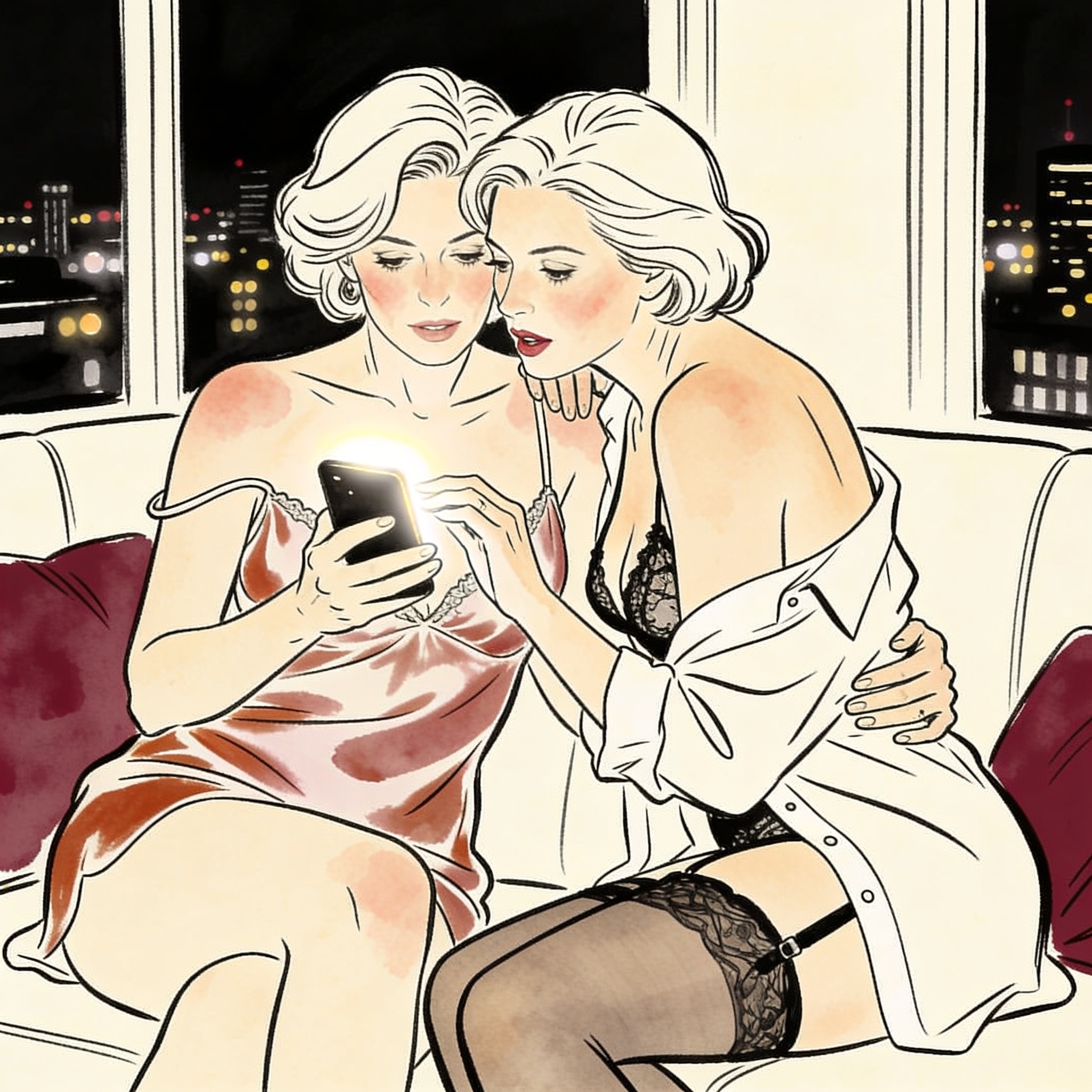 Two sisters, one showing the other a phone photo, both flushed with desire.