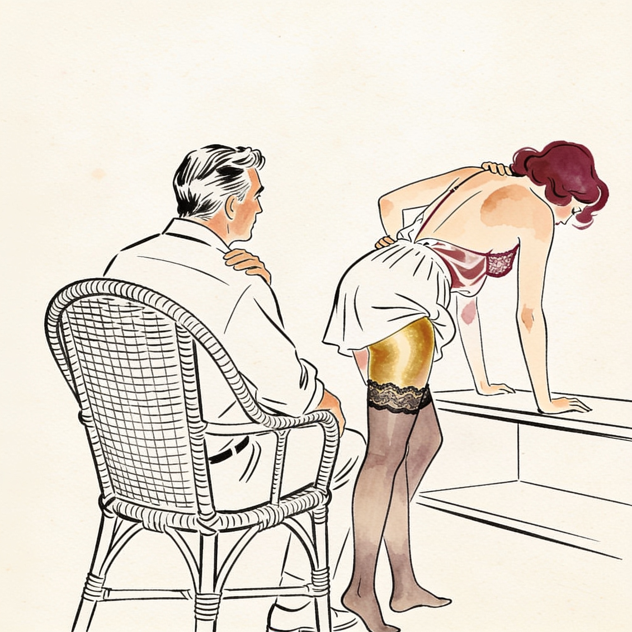 A man watches a woman bending over, her skirt revealing the lace top of her stocking.