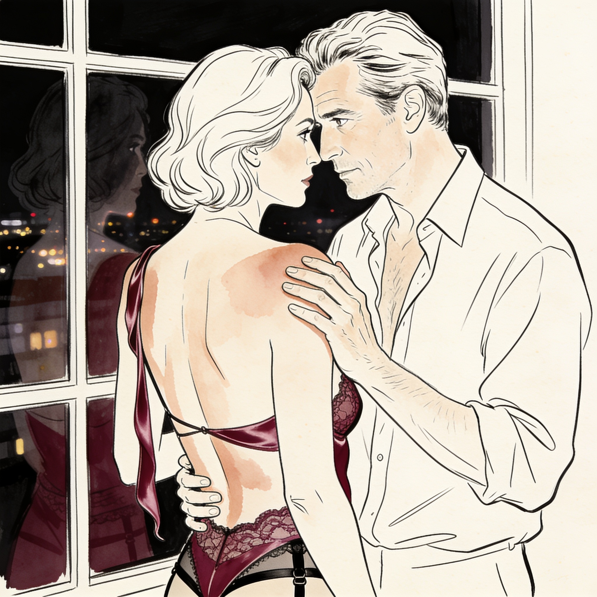 Two silhouettes reflected in a window, his hand almost touching her bare shoulder.