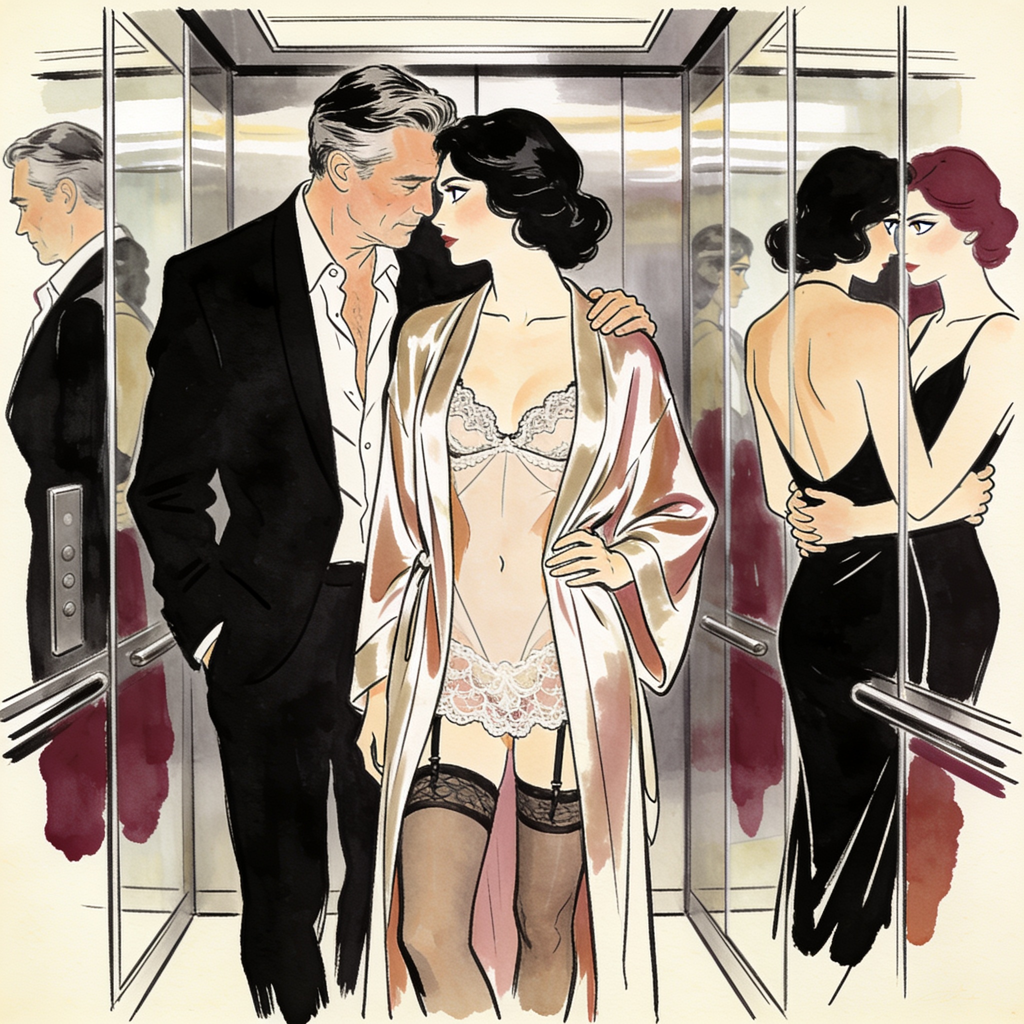 A woman's robe slips open in an elevator under a couple's intense, desirous gaze.