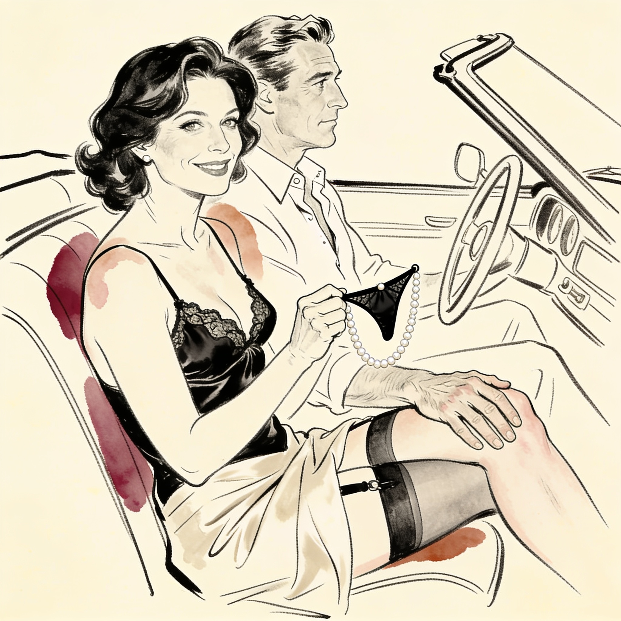 A woman holds pearl lingerie in a car, her husband's hand on her bare knee.