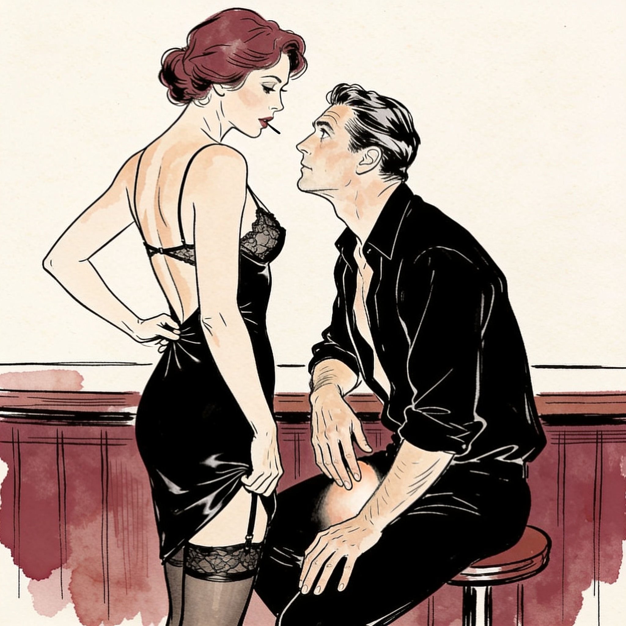 A woman in a tight dress touches her hip, meeting her partner’s intense gaze at a bar.