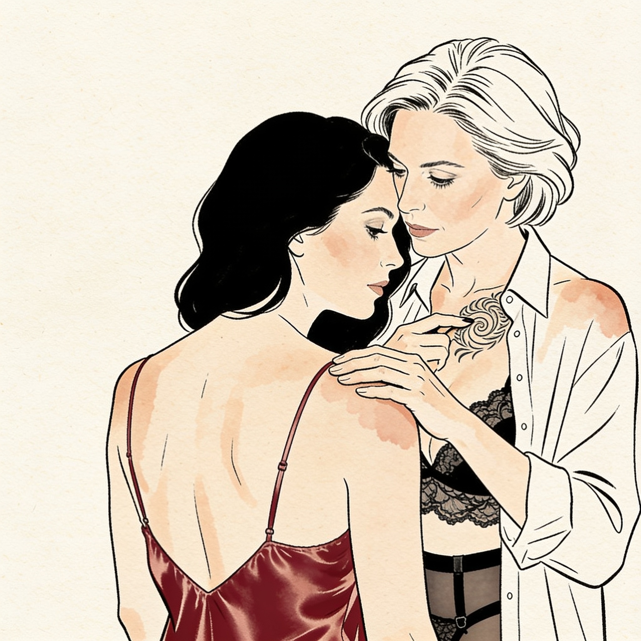 A woman in a silk slip stands behind another, gazing intently at her shoulder tattoo.