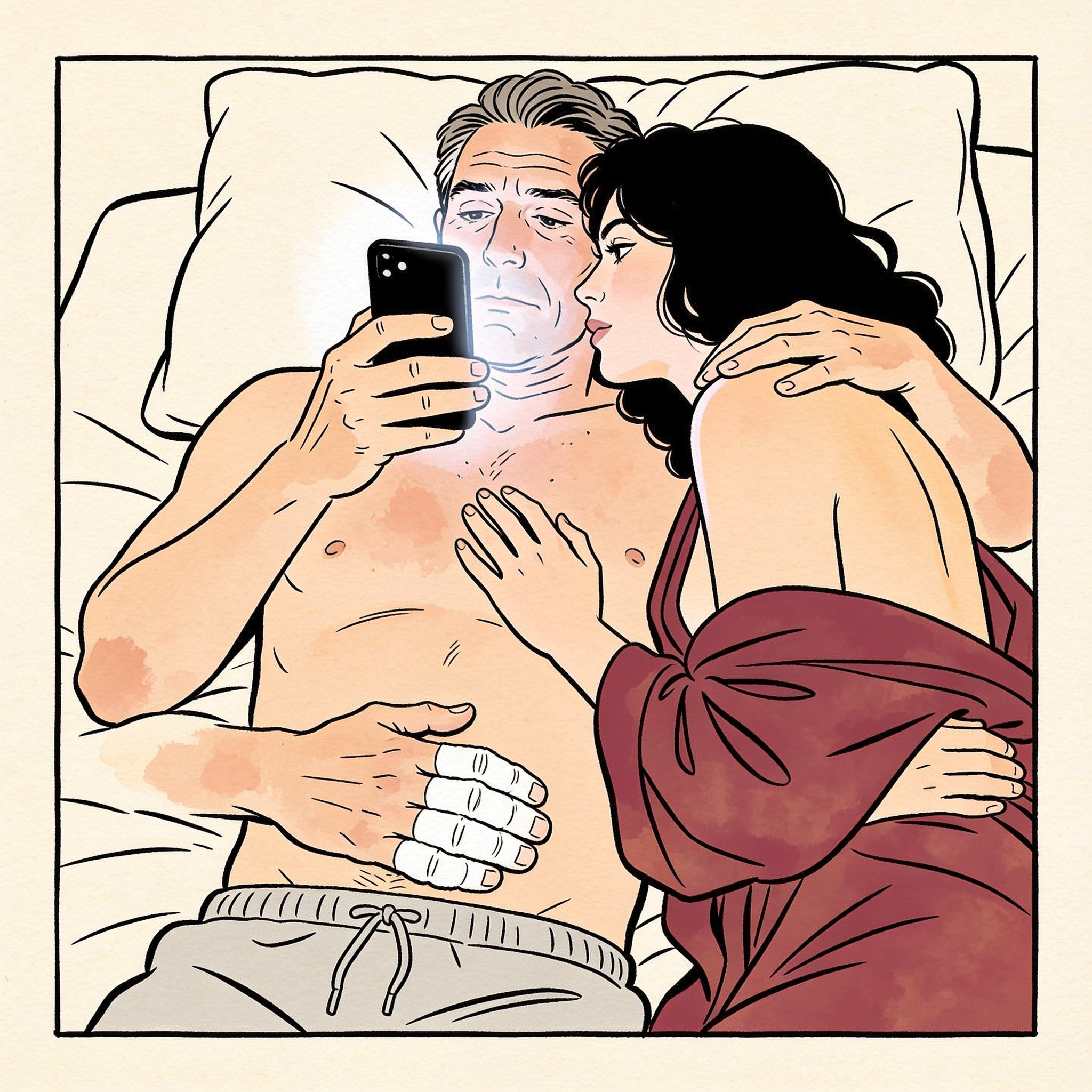 Man in bed, face lit by phone screen, hand clenched against his stomach.